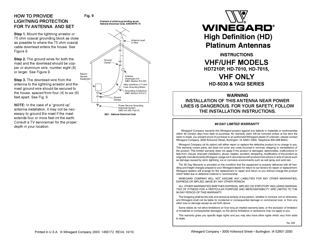 Winegard HD-7015, YAGI SERIES, HD-7010, HD7210P, HD-5030 installation instructions VHF/UHF Models 