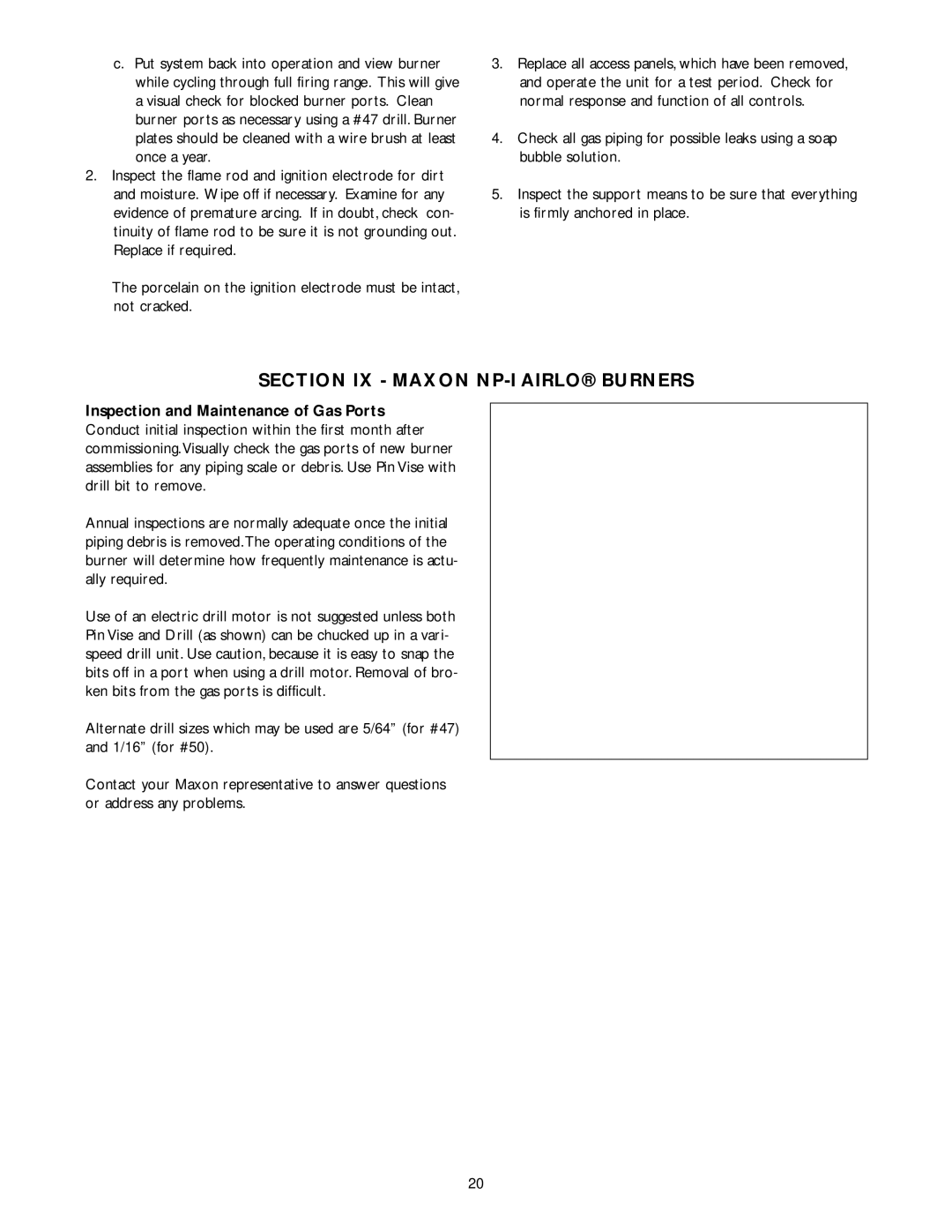 Wing Enterprises IOMWDF-1 specifications Section IX Maxon NP-I Airlo Burners, Inspection and Maintenance of Gas Ports 