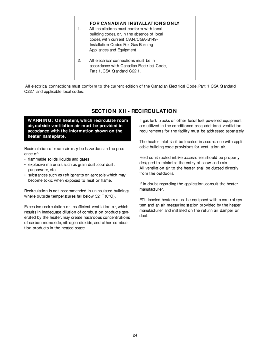 Wing Enterprises IOMWDF-1 specifications Section XII Recirculation, For Canadian Installations only 