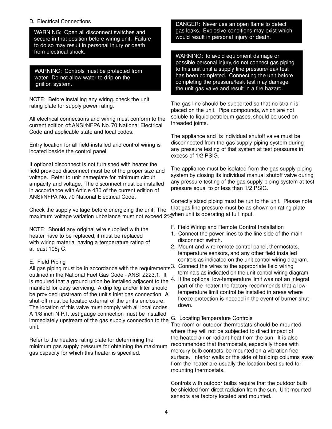 Wing Enterprises IOMWDF-1 specifications Electrical Connections, Field Piping, Field Wiring and Remote Control Installation 