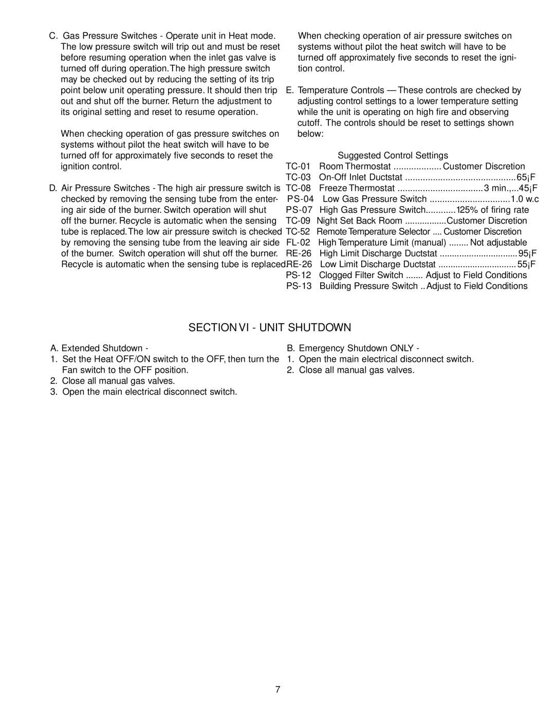 Wing Enterprises IOMWDF-1 Section VI Unit Shutdown, Suggested Control Settings, Extended Shutdown Emergency Shutdown only 