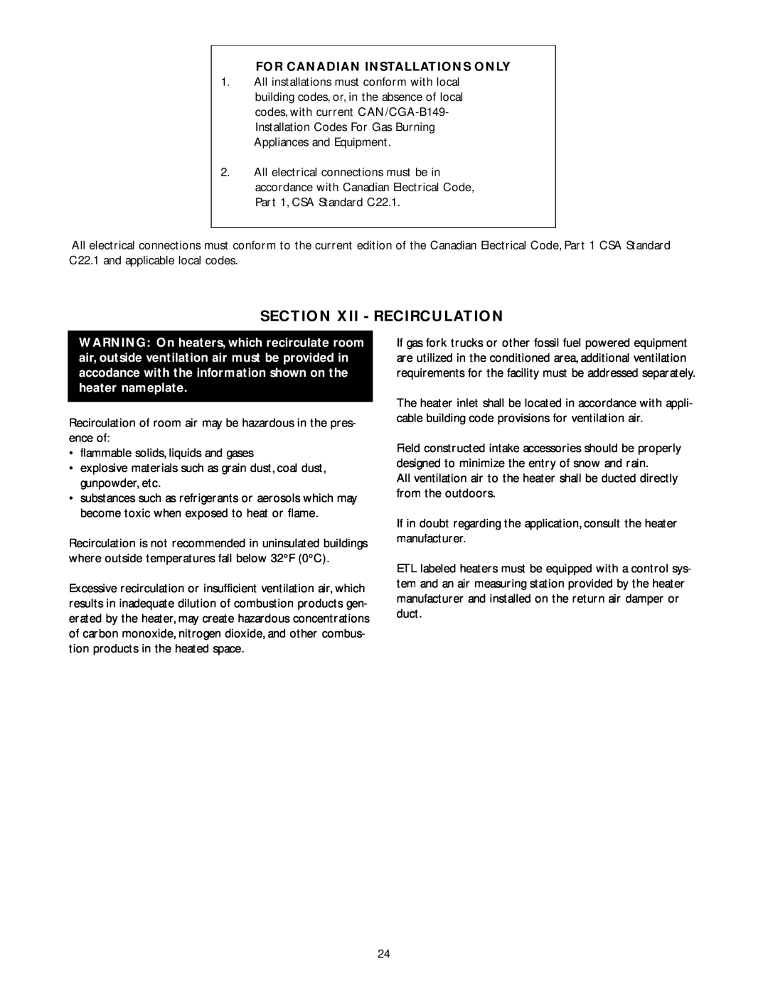 Wing Enterprises IOMWDF-1 specifications Section Xii - Recirculation, For Canadian Installations Only 