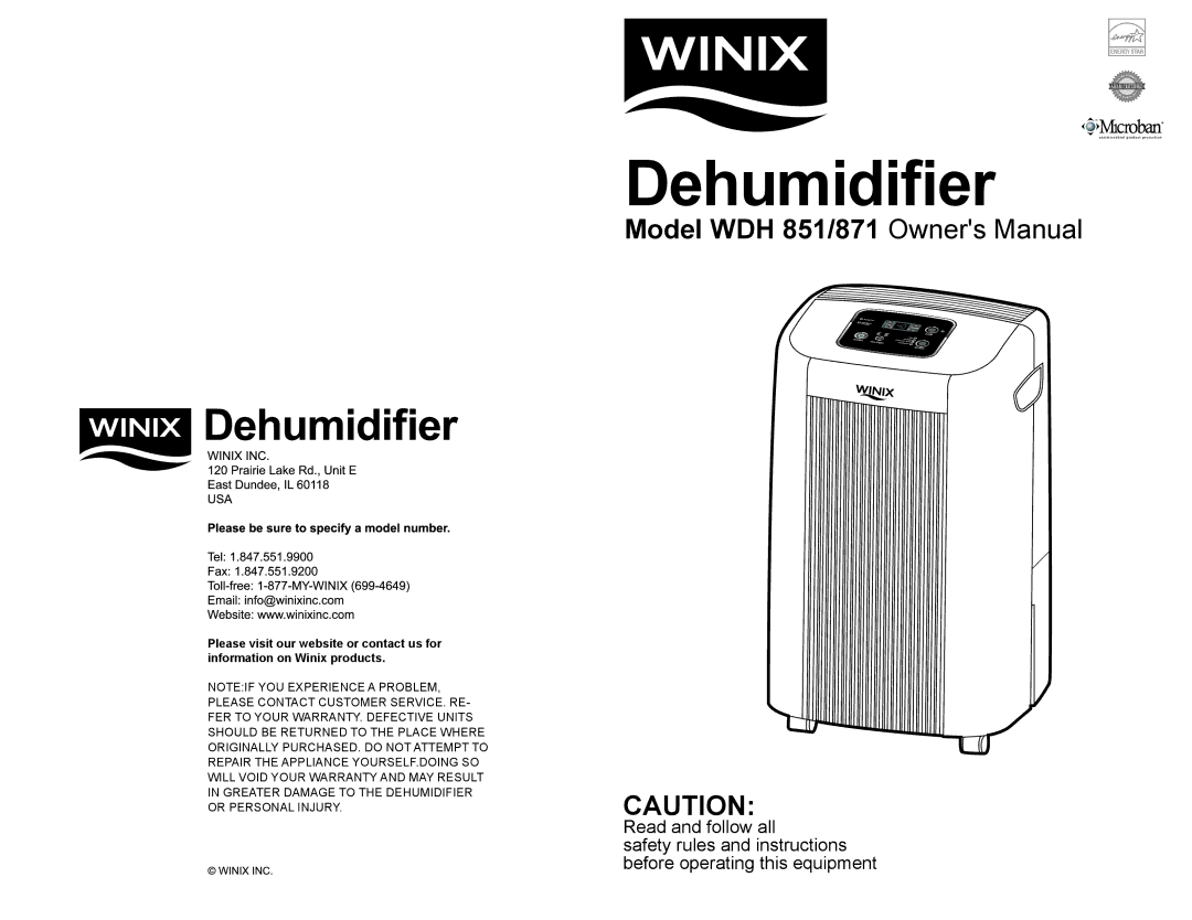 Winix 871 owner manual Dehumidiﬁer 