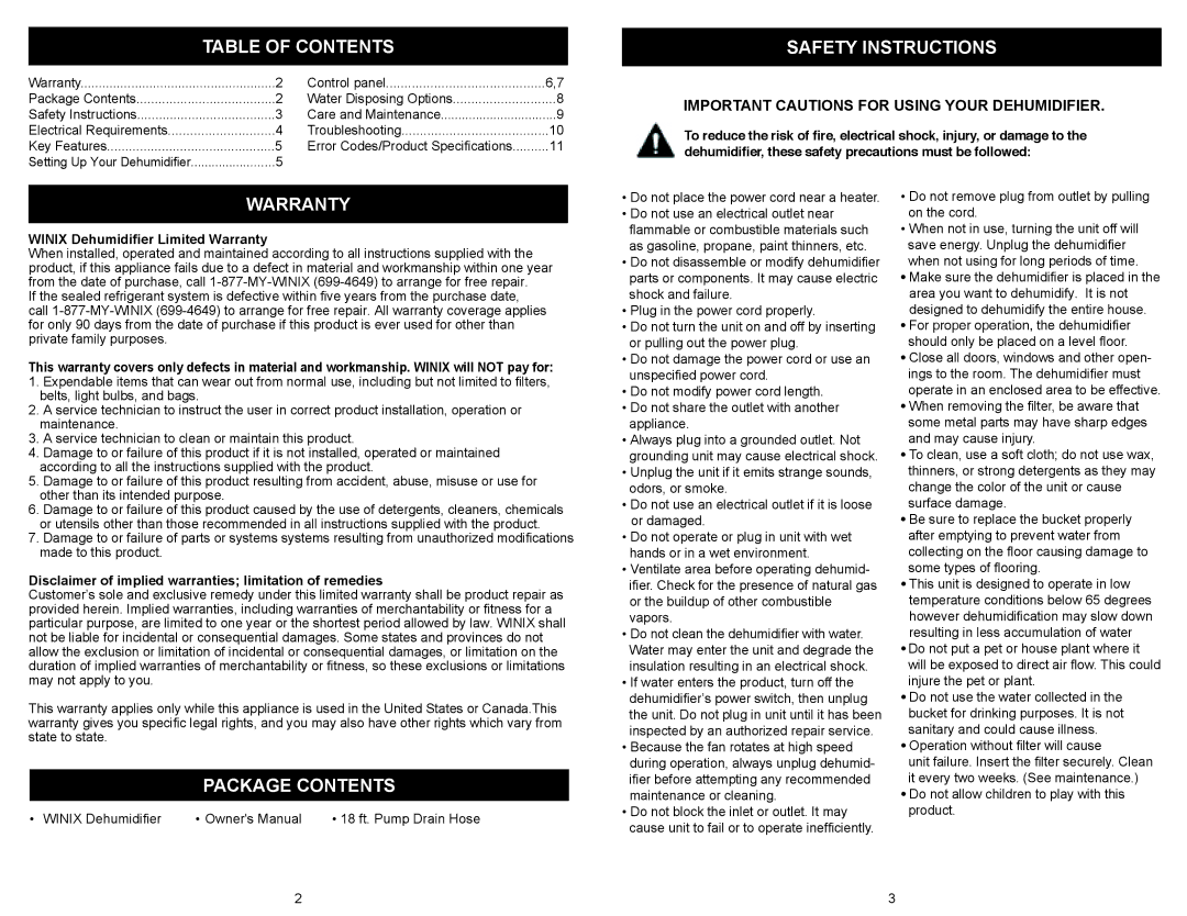 Winix 871 owner manual Table of Contents, Safety Instructions, Warranty, Package Contents 