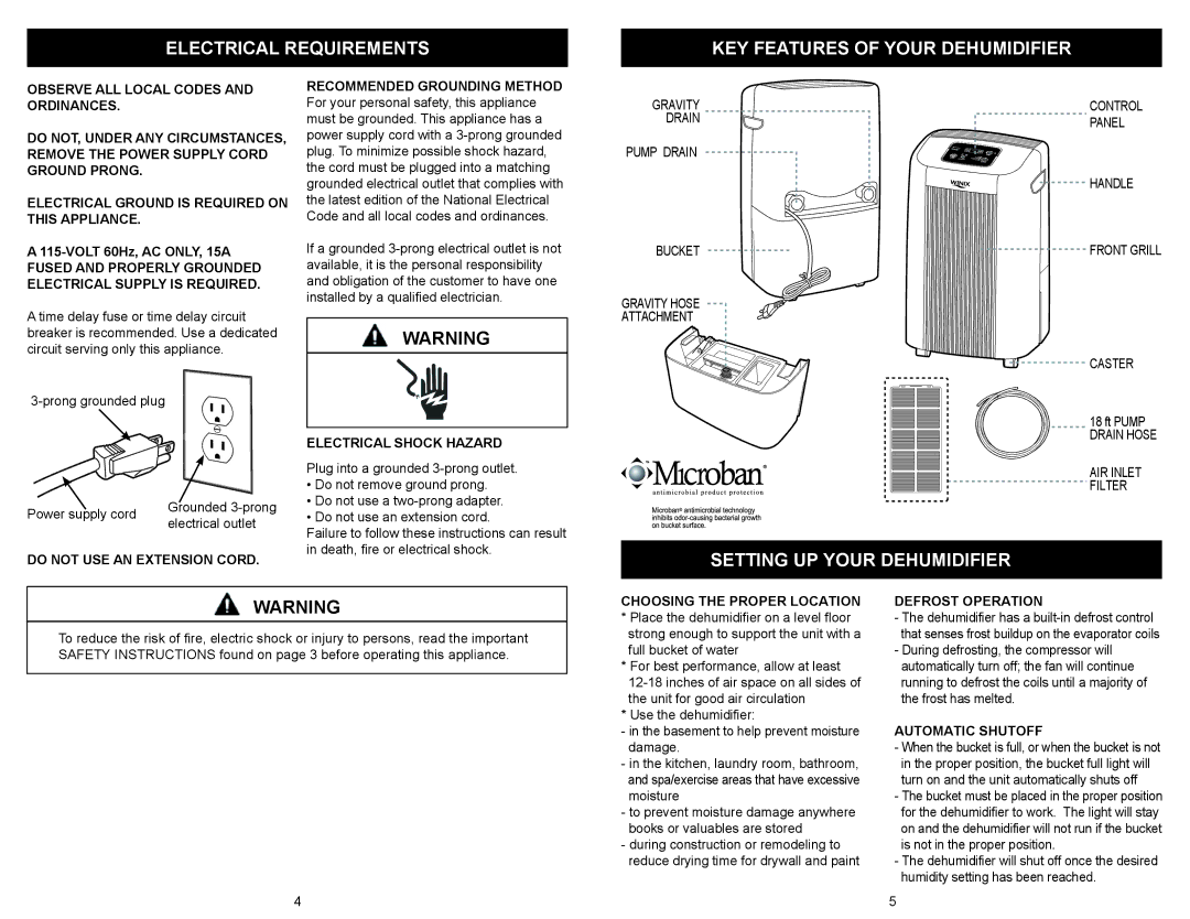 Winix 871 owner manual Electrical Requirements, Setting UP Your Dehumidifier, KEY Features of Your Dehumidifier 