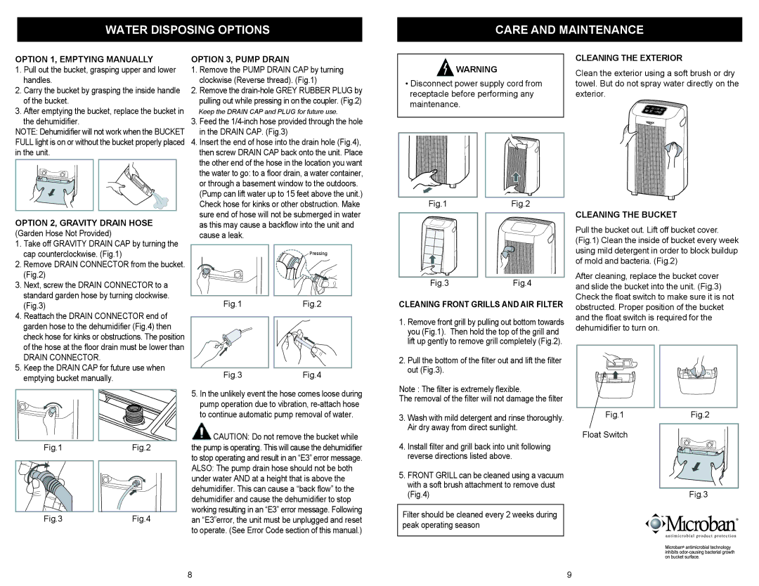 Winix 871 owner manual Water Disposing Options Care and Maintenance 