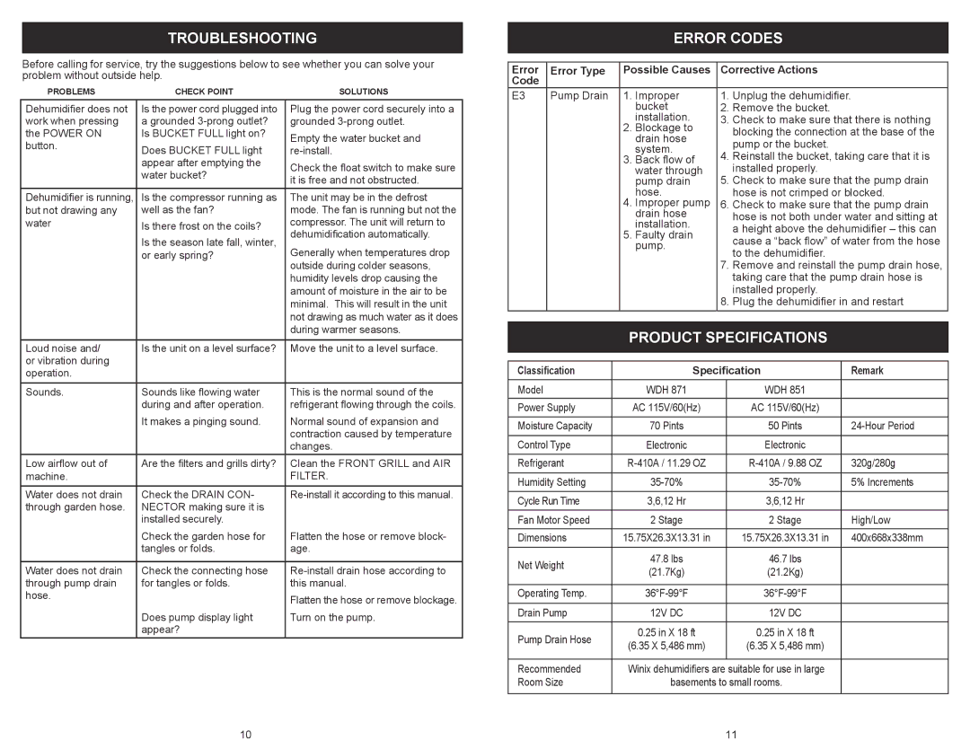 Winix 871 owner manual Troubleshooting, Error Codes, Product Specifications, Error Type Possible Causes Corrective Actions 