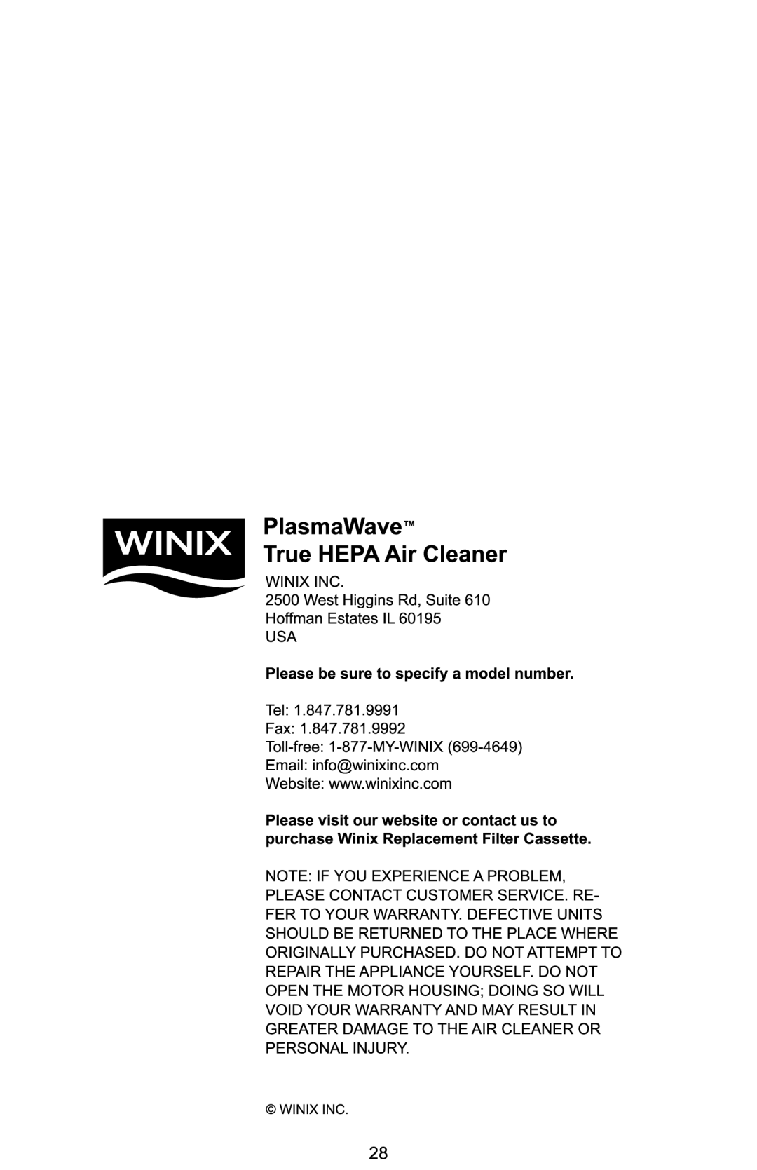 Winix Air Cleaner manual 