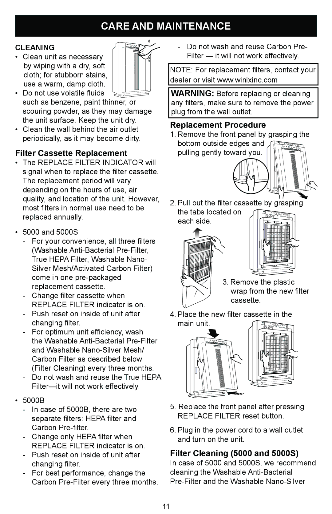 Winix Air Cleaner Care and Maintenance, Filter Cassette Replacement, Replacement Procedure, Filter Cleaning 5000 and 5000S 