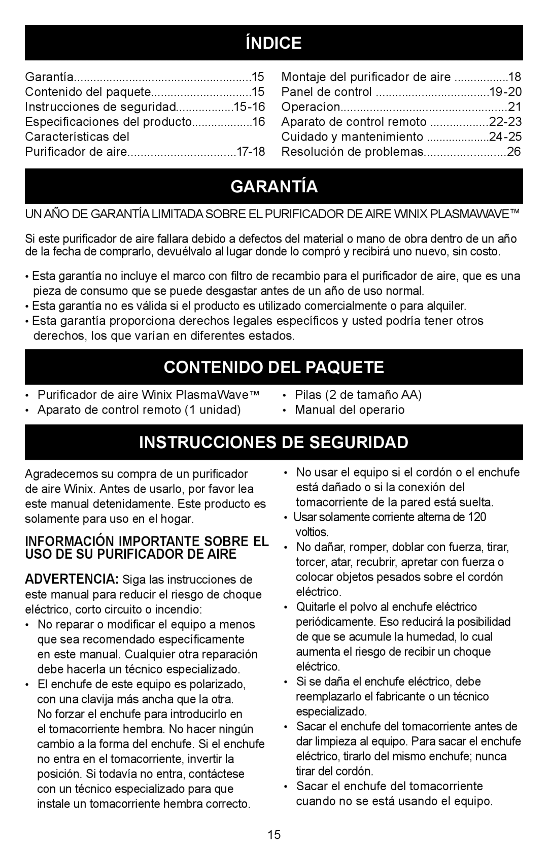 Winix Air Cleaner manual Índice, Garantía, Contenido DEL Paquete, Instrucciones DE Seguridad 