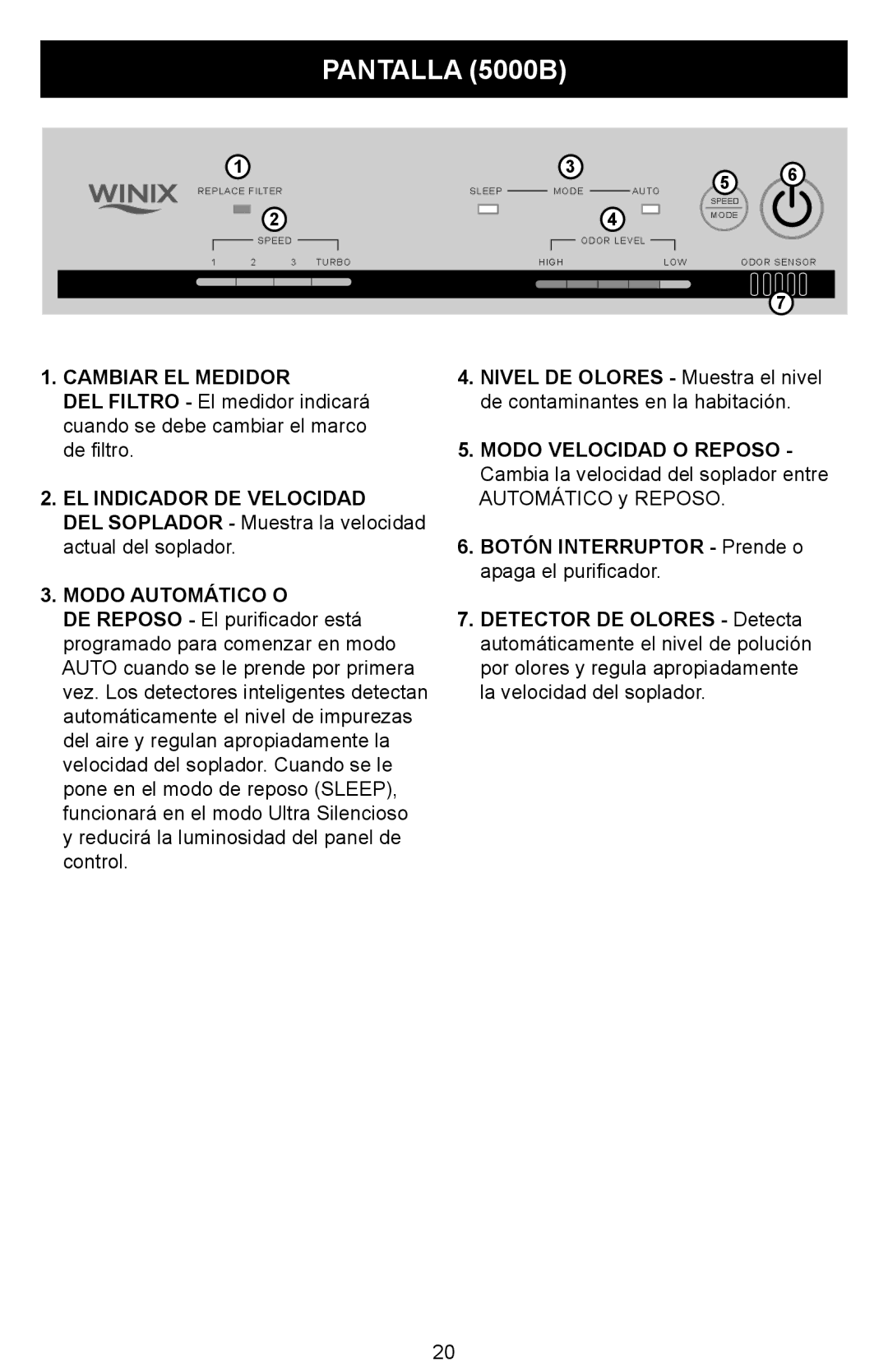 Winix Air Cleaner manual Pantalla 5000B, Cambiar EL Medidor, EL Indicador DE Velocidad, Modo Automático O 