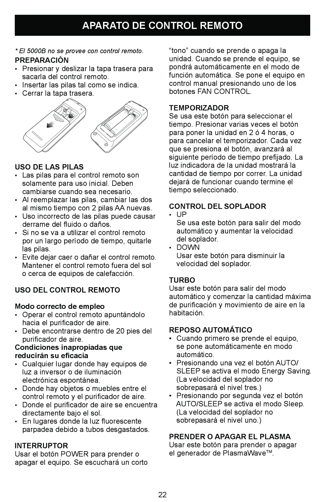 Winix Air Cleaner manual Aparato DE Control Remoto 