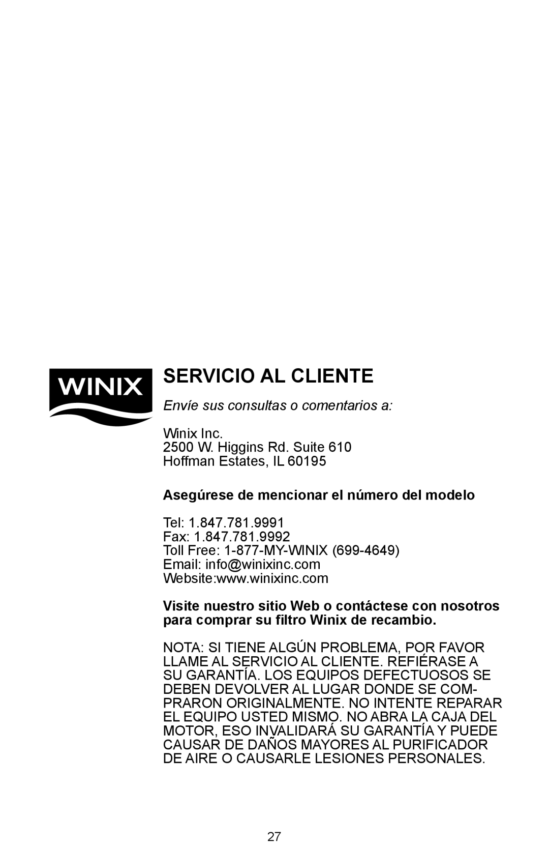 Winix Air Cleaner manual Servicio AL Cliente, Asegúrese de mencionar el número del modelo 