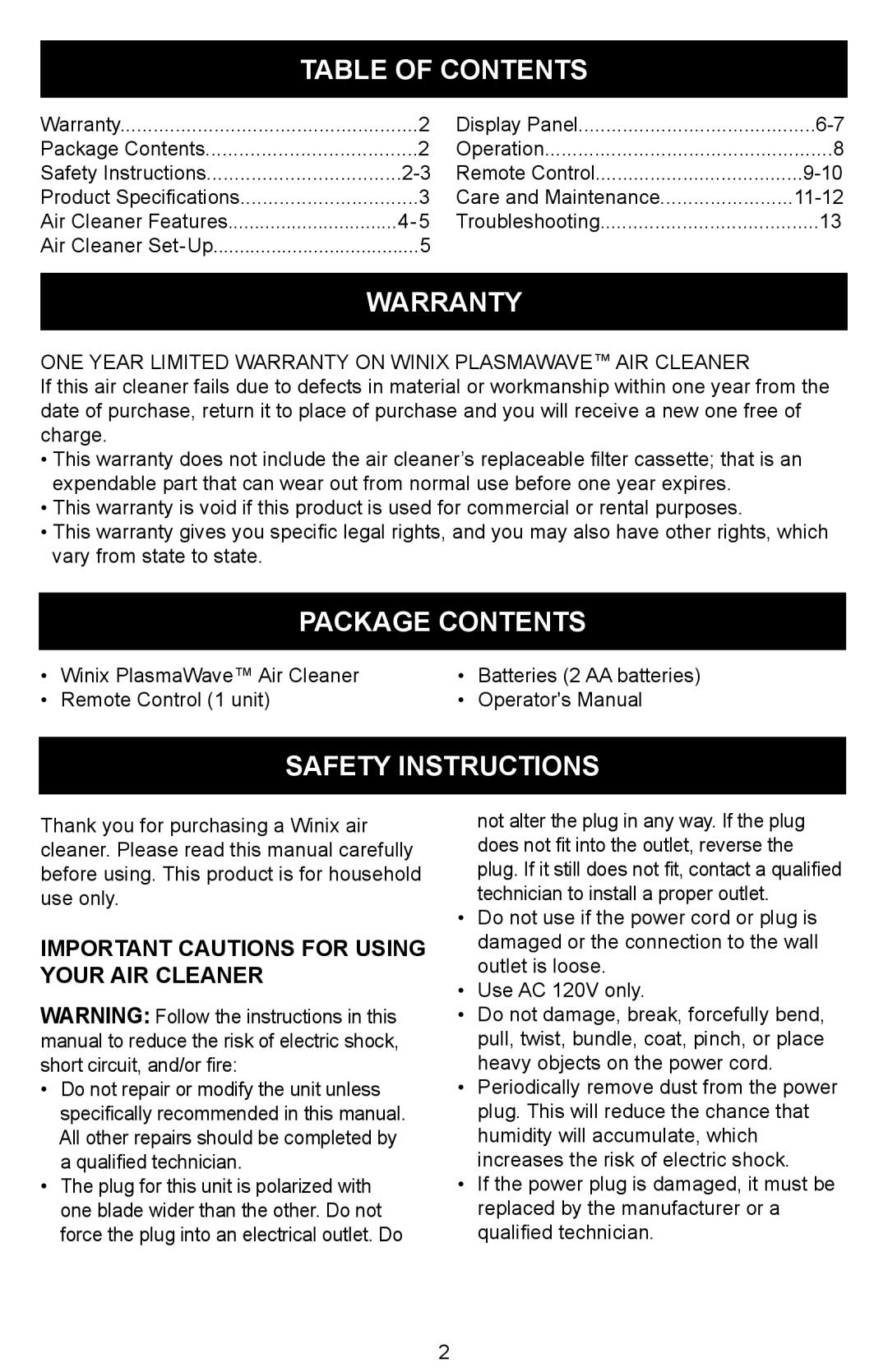 Winix Air Cleaner manual Table of Contents, Warranty, Package Contents, Safety Instructions 