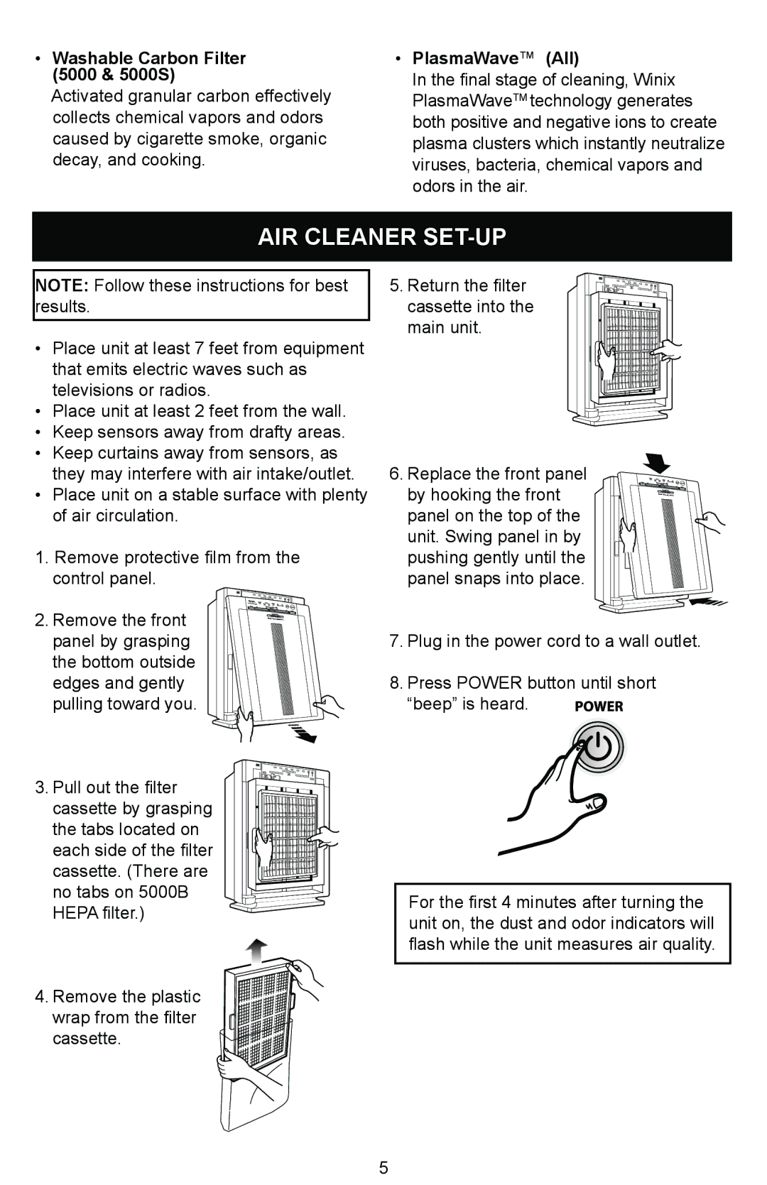 Winix Air Cleaner manual AIR Cleaner SET-UP, Washable Carbon Filter 5000 & 5000S, PlasmaWave All 