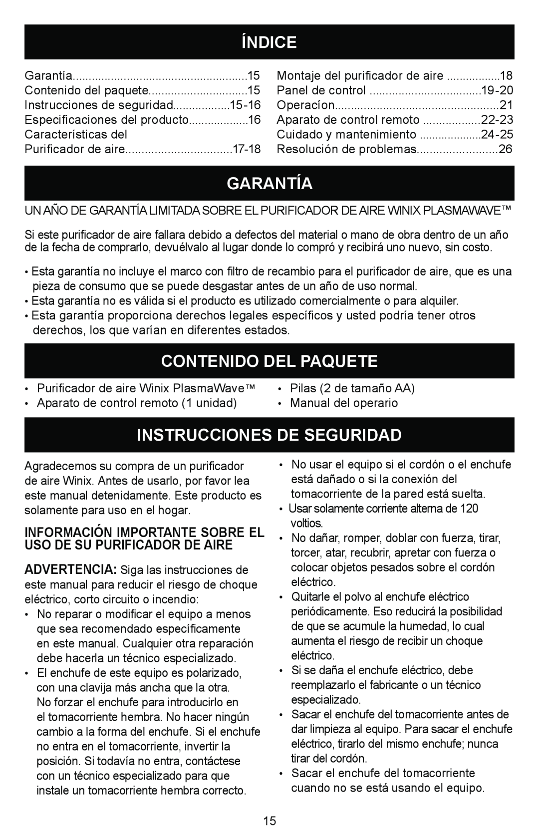 Winix Air Cleaner manual Índice, Garantía, Contenido Del Paquete, Instrucciones De Seguridad 
