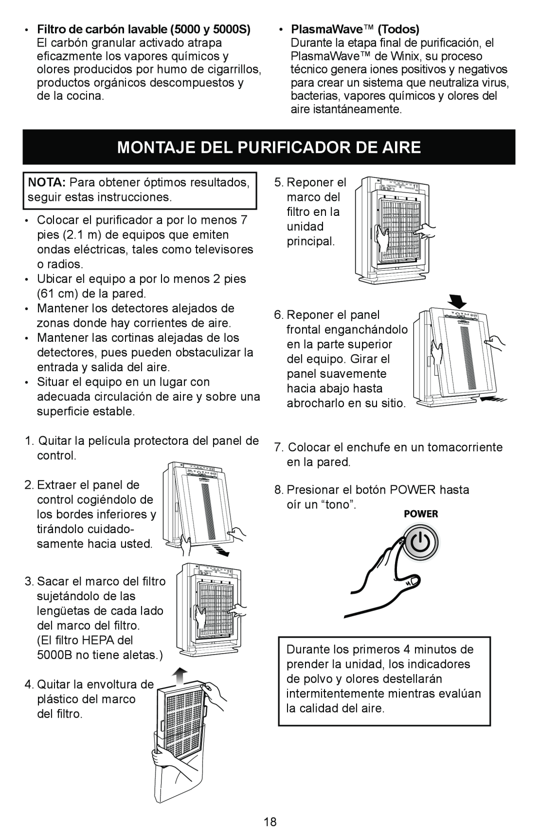 Winix Air Cleaner manual Montaje Del Purificador De Aire, PlasmaWave Todos 