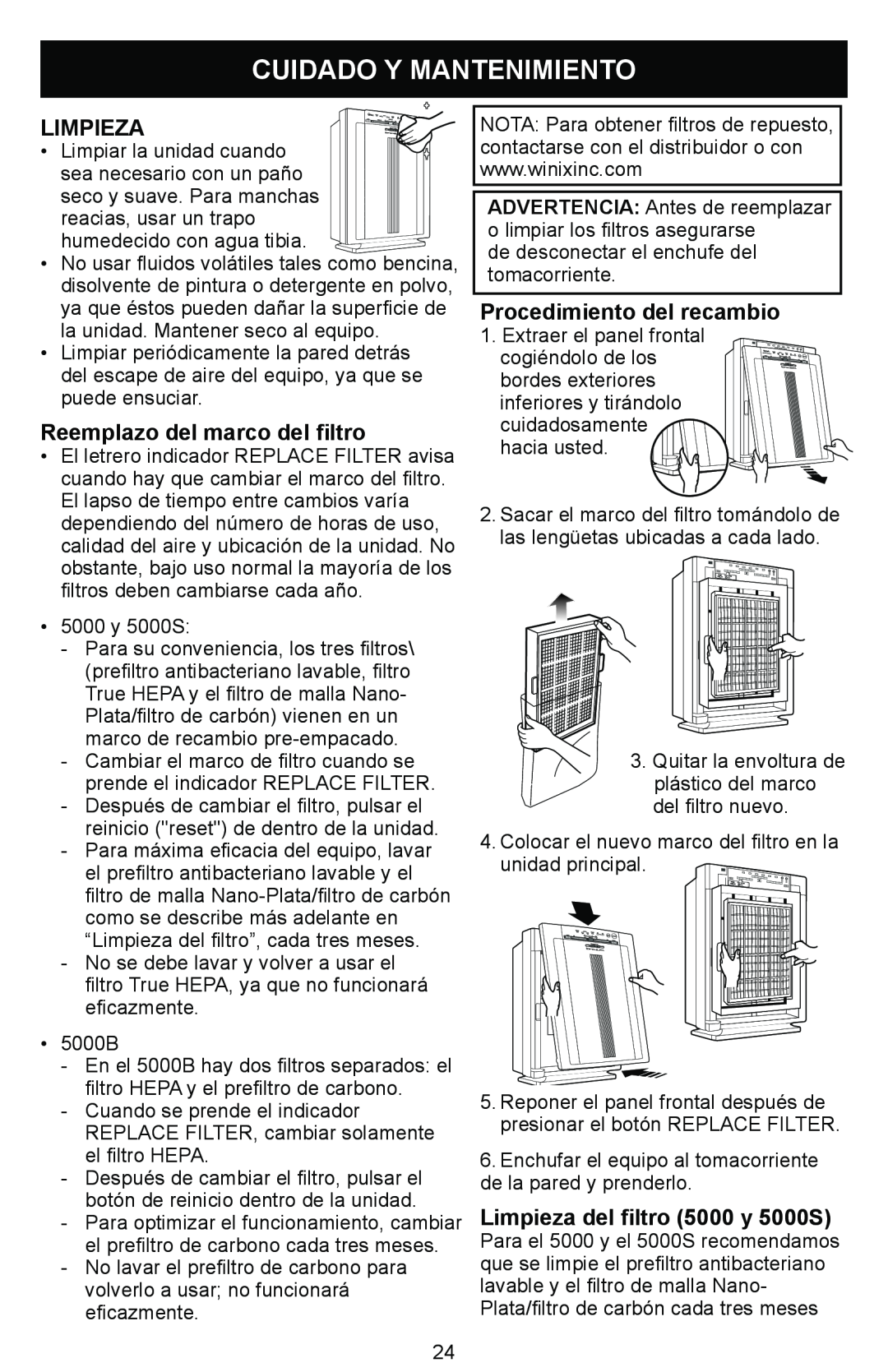 Winix Air Cleaner manual Cuidado Y Mantenimiento, Limpieza, Reemplazo del marco del filtro, Procedimiento del recambio 