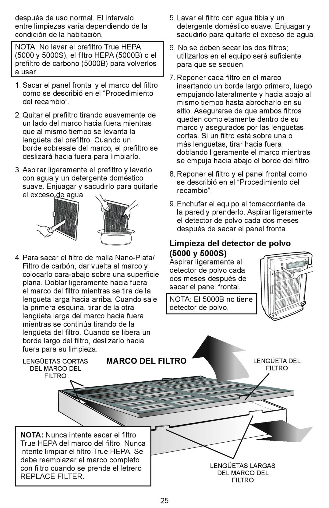 Winix Air Cleaner manual Limpieza del detector de polvo 5000 y 5000S, Marco Del Filtro 
