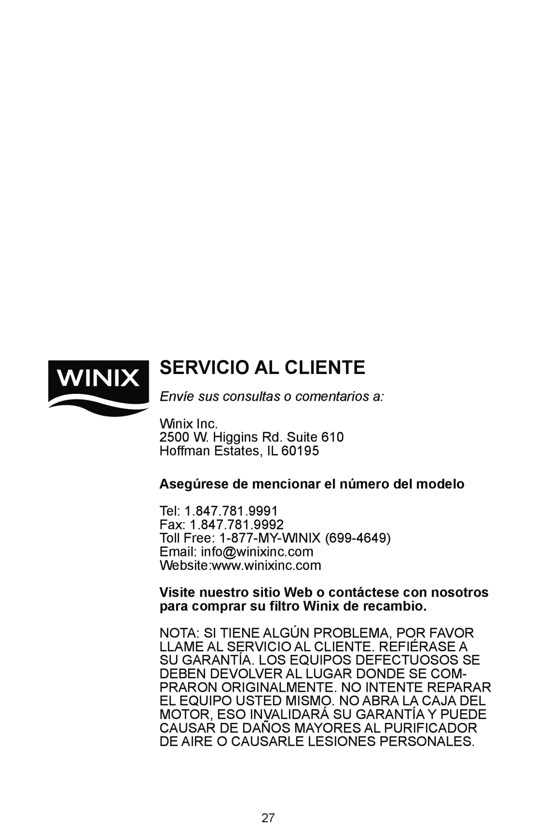 Winix Air Cleaner Asegúrese de mencionar el número del modelo, Servicio Al Cliente, Envíe sus consultas o comentarios a 