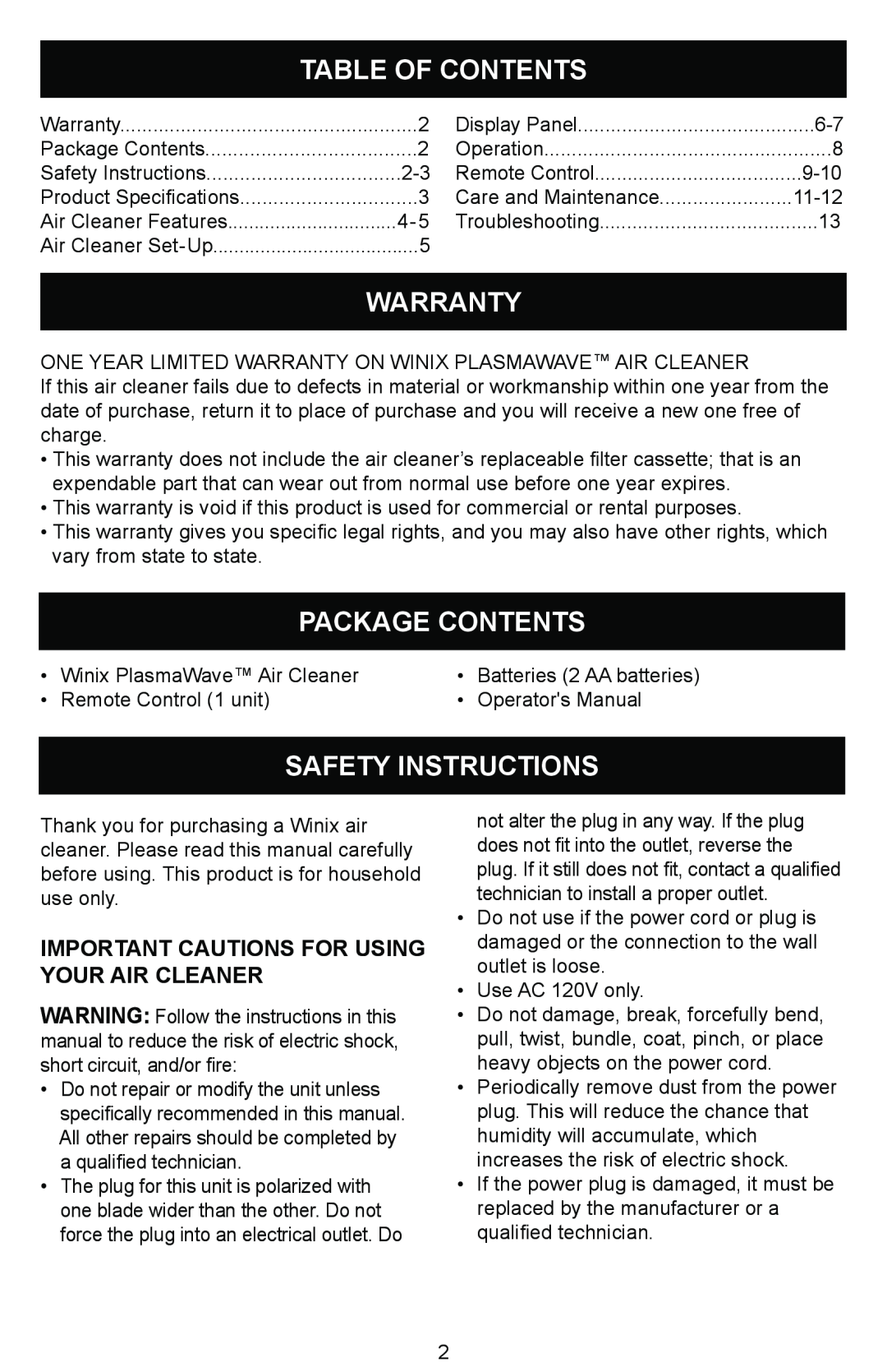 Winix Air Cleaner manual Table Of Contents, Warranty, Package Contents, Safety Instructions 