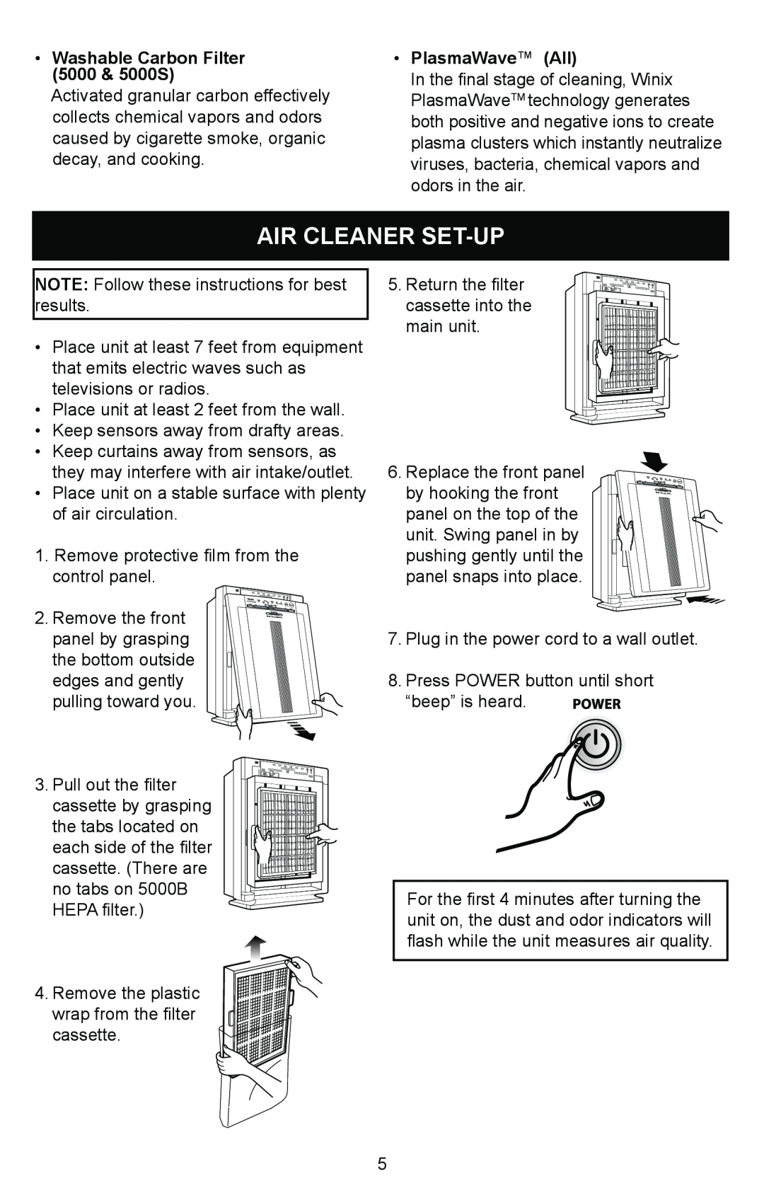 Winix manual Air Cleaner Set-Up, Washable Carbon Filter 5000 & 5000S, PlasmaWave All 