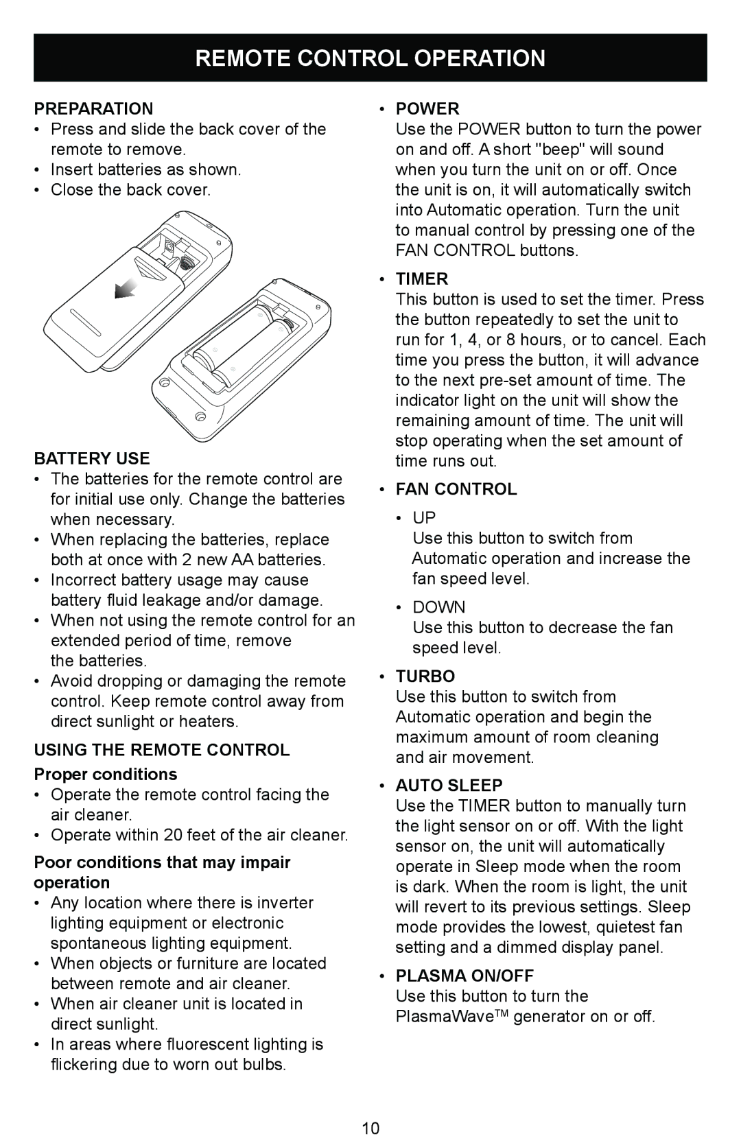 Winix WAC-9000 warranty Remote Control Operation, Preparation, Battery USE, Power, FAN Control 