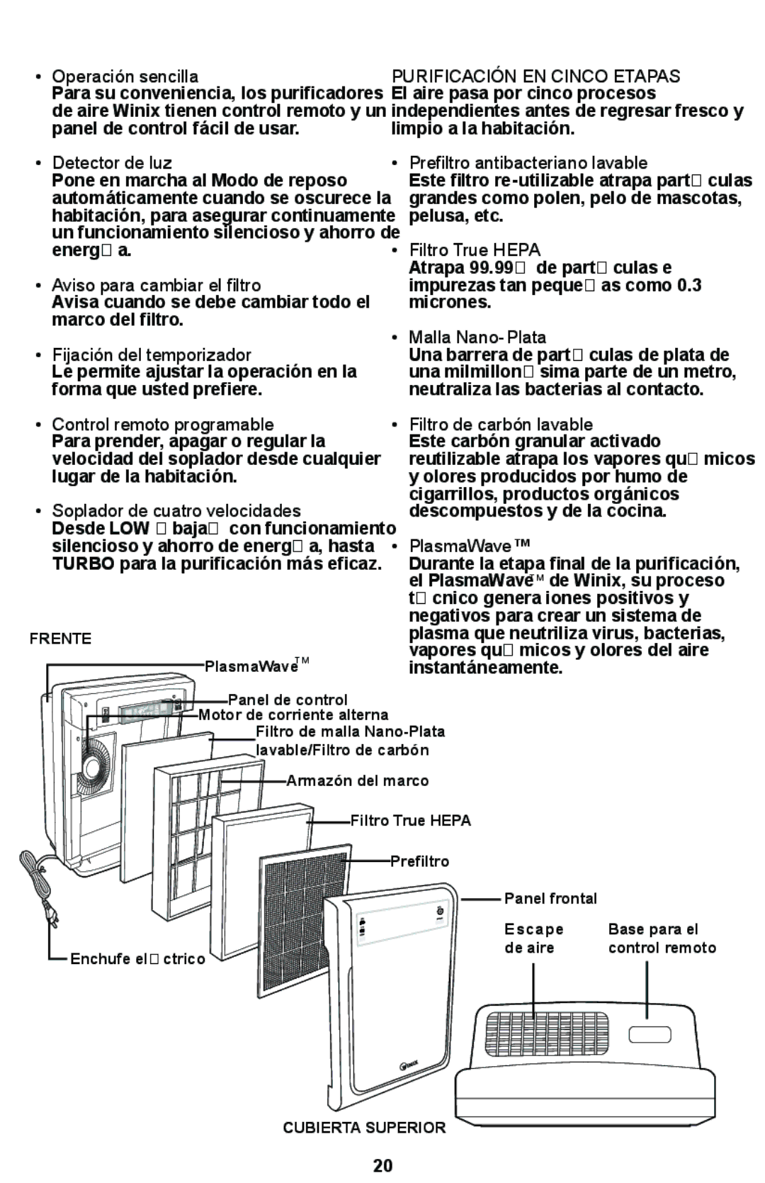 Winix WAC-9000 warranty Purificación EN Cinco Etapas 