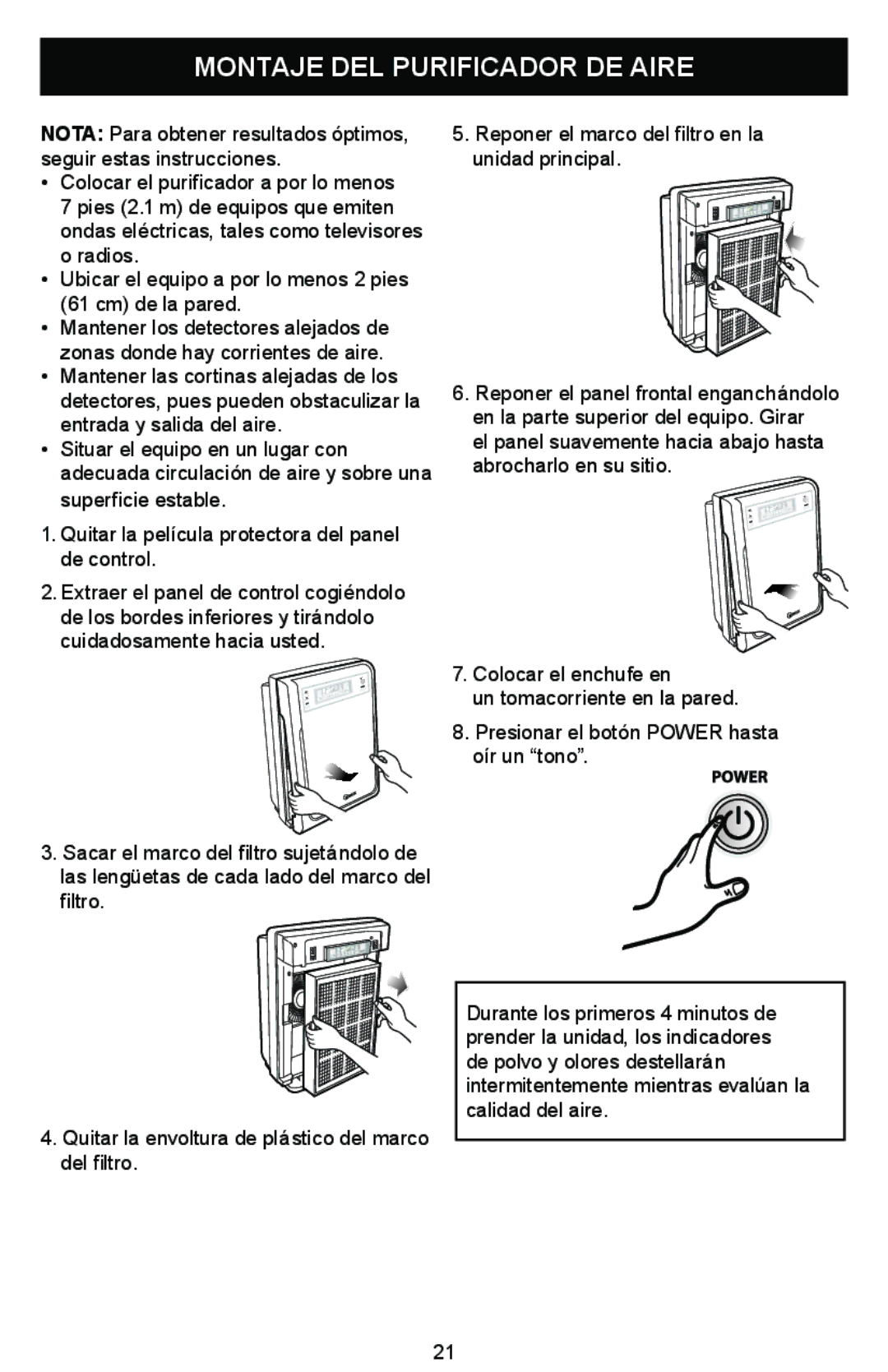 Winix WAC-9000 warranty Montaje DEL Purificador DE Aire 