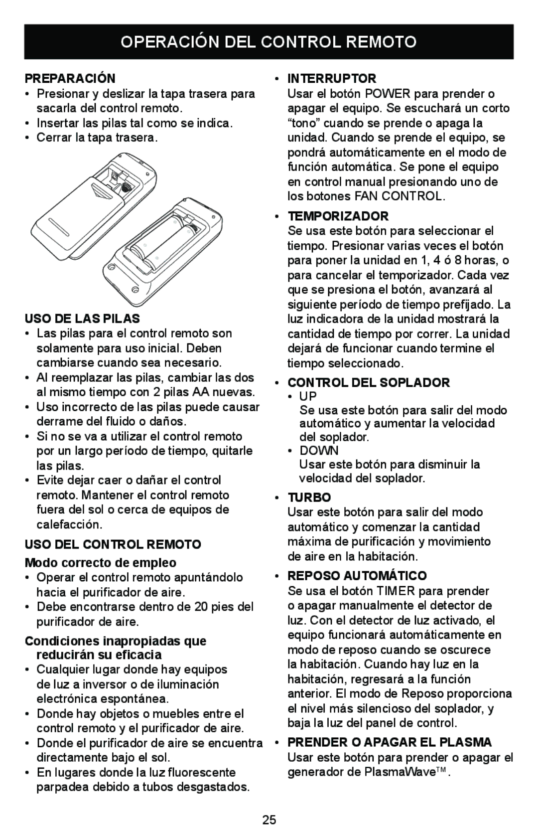 Winix WAC-9000 warranty Operación DEL Control Remoto 