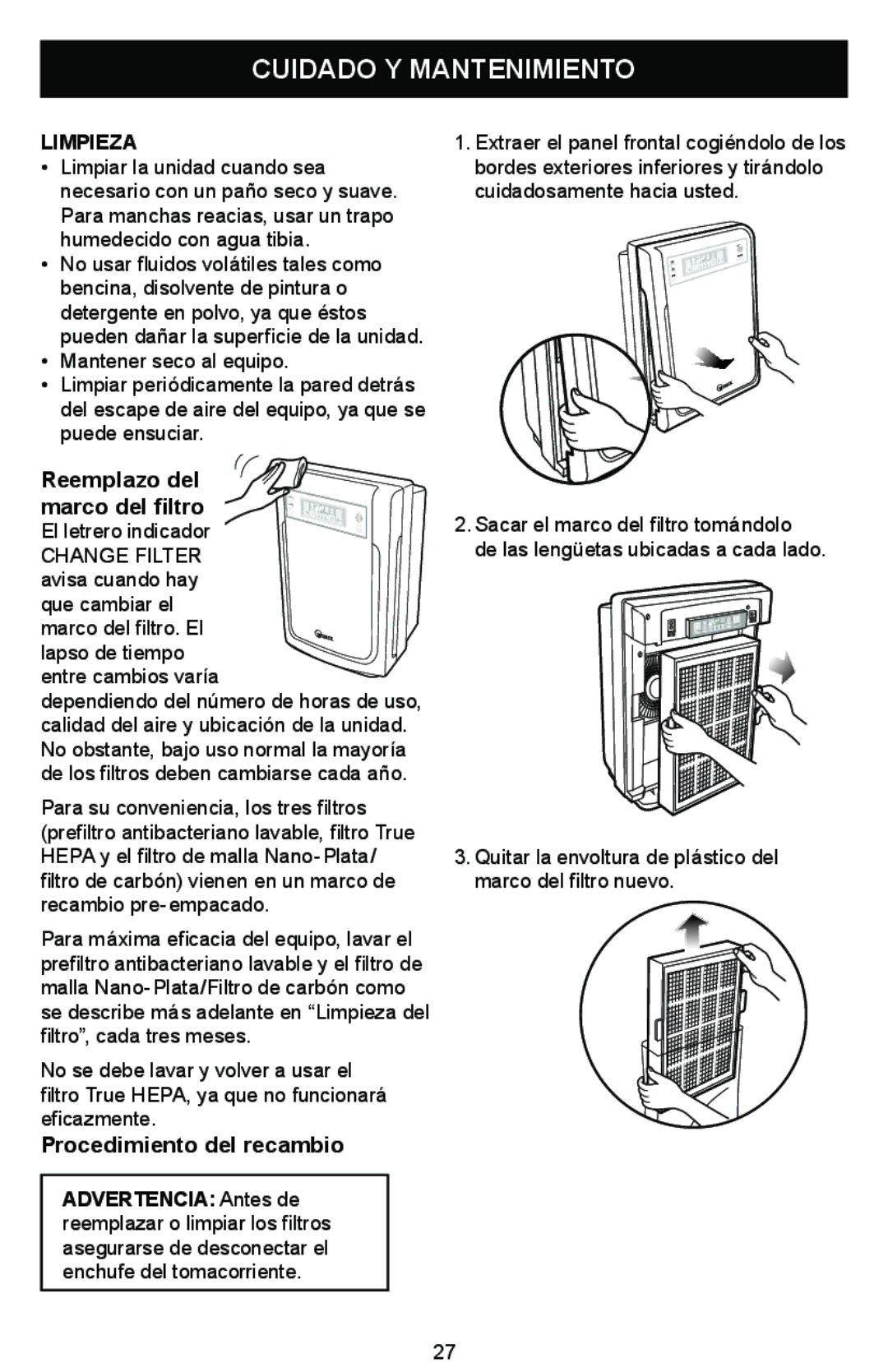 Winix WAC-9000 warranty Cuidado Y Mantenimiento, Reemplazo del marco del filtro, Procedimiento del recambio, Limpieza 