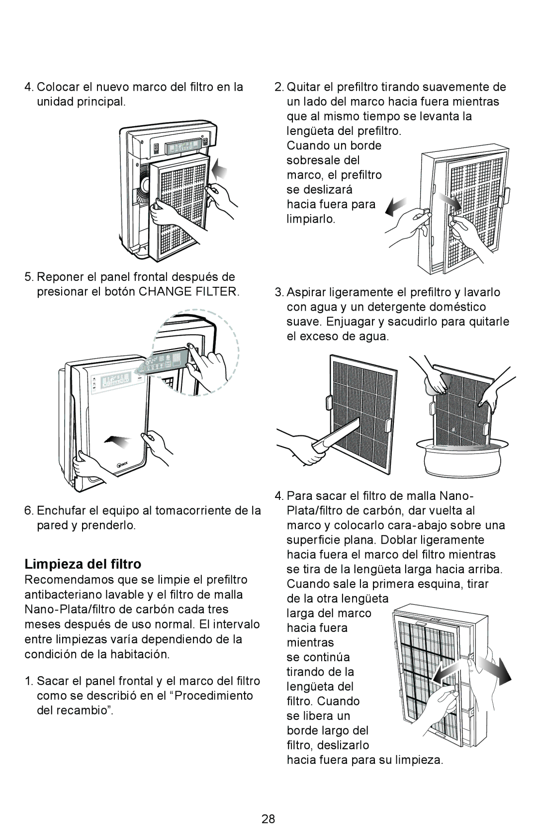 Winix WAC-9000 warranty Limpieza del filtro 