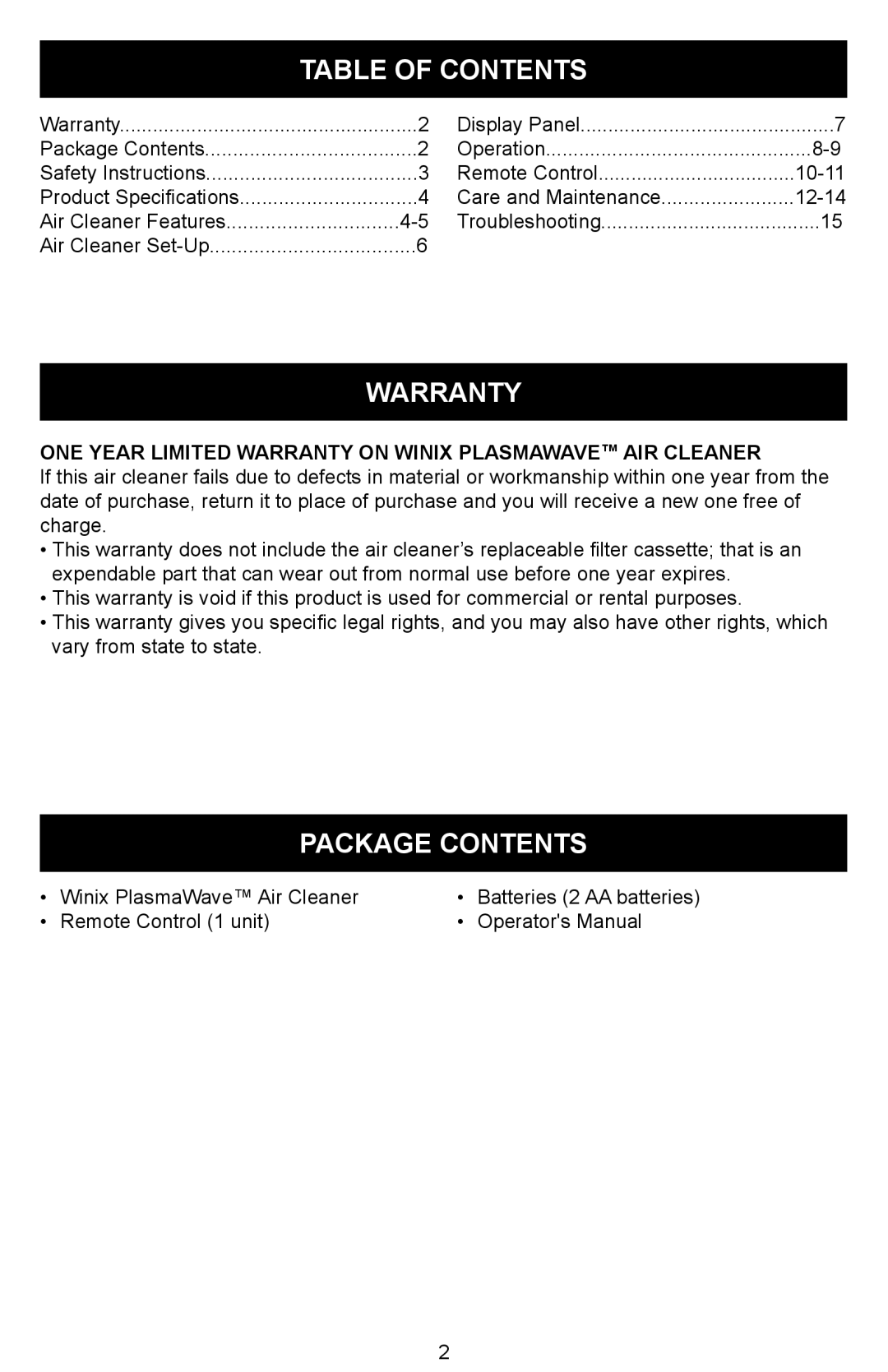 Winix WAC-9000 warranty Table of Contents, Warranty, Package Contents 