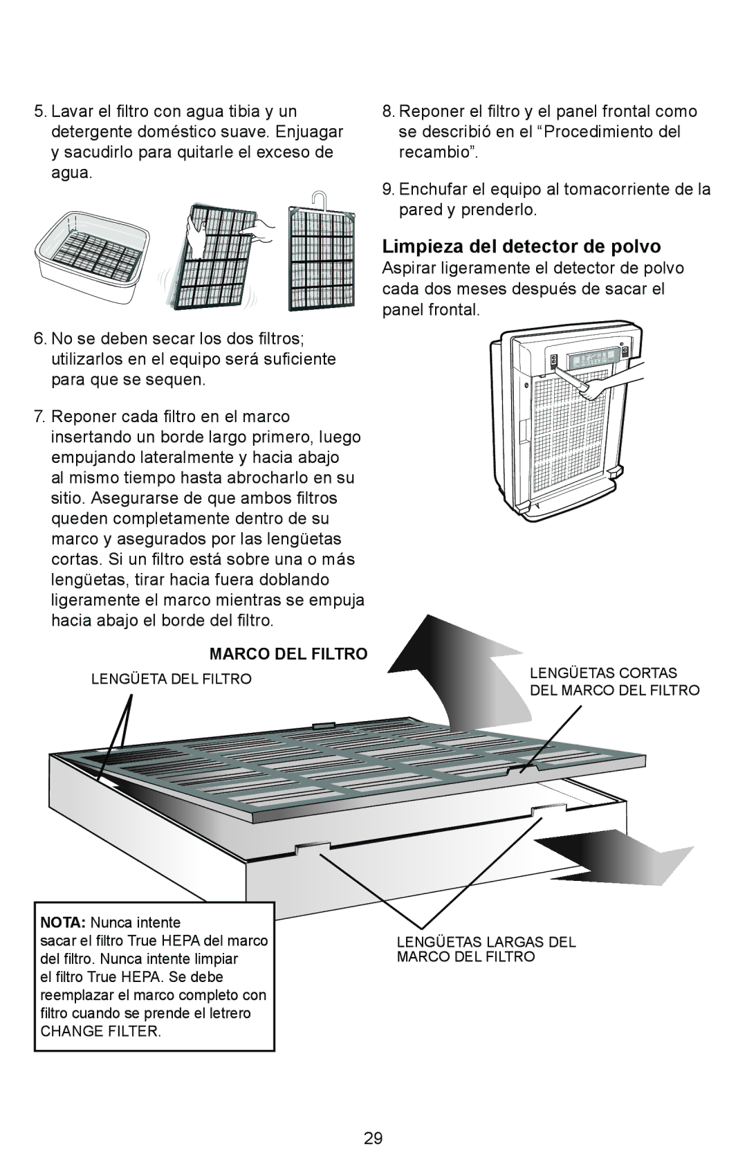 Winix WAC-9000 warranty Limpieza del detector de polvo, Marco DEL Filtro 