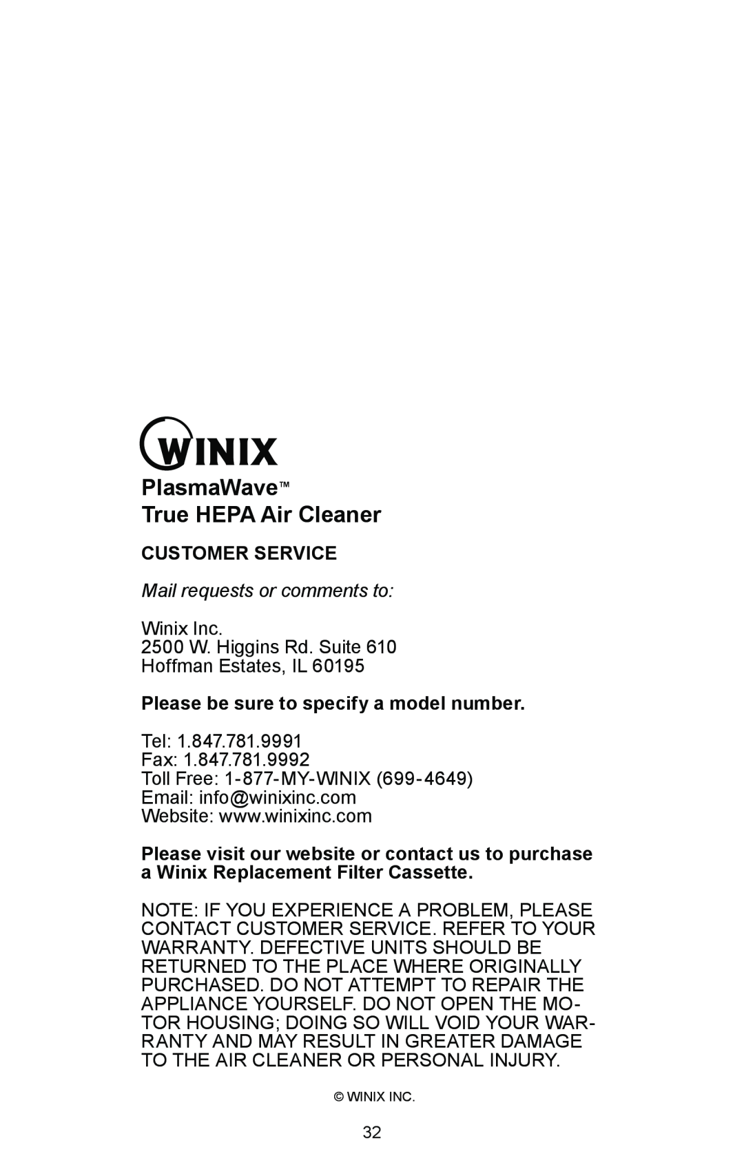 Winix WAC-9000 warranty PlasmaWave True HEPA Air Cleaner, Customer Service, Mail requests or comments to 