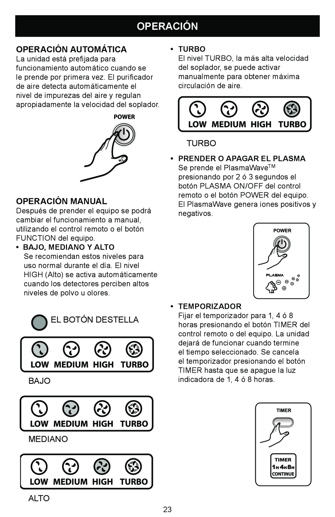 Winix WAC-9000 warranty Operación Automática, Operación Manual 