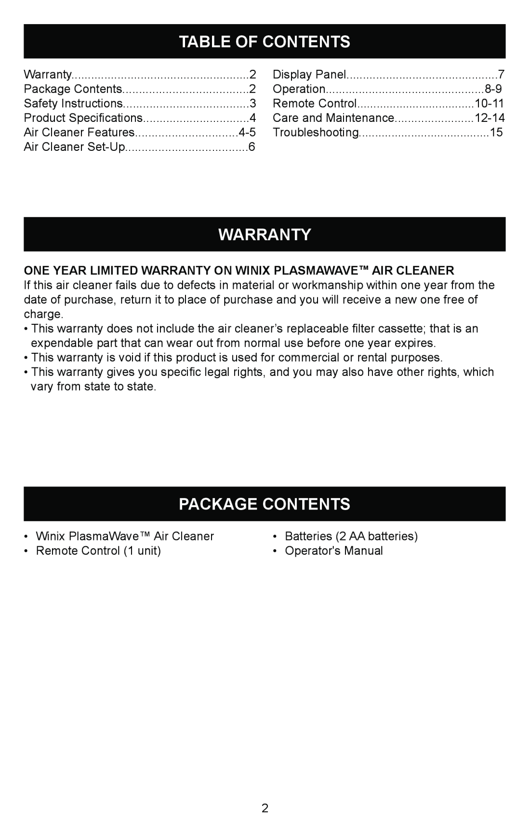 Winix WAC-9000 warranty Table Of Contents, Warranty, Package Contents 