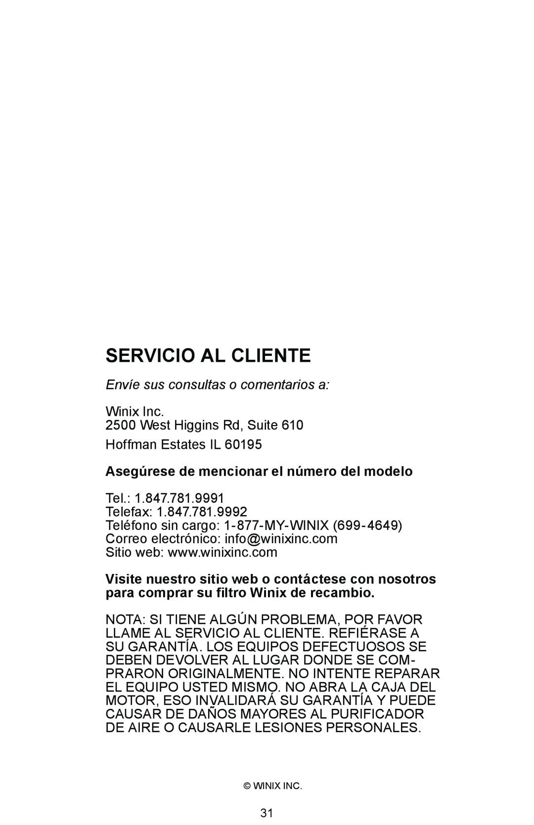 Winix WAC-9000 Envíe sus consultas o comentarios a, Asegúrese de mencionar el número del modelo, Servicio Al Cliente 