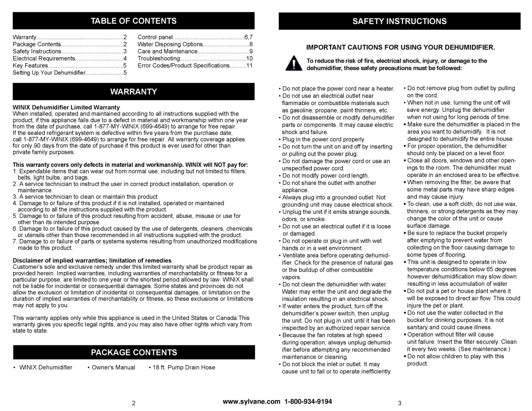 Winix WDH 851, WDH 871 owner manual Table of Contents, Safety Instructions, Warranty, Package Contents 