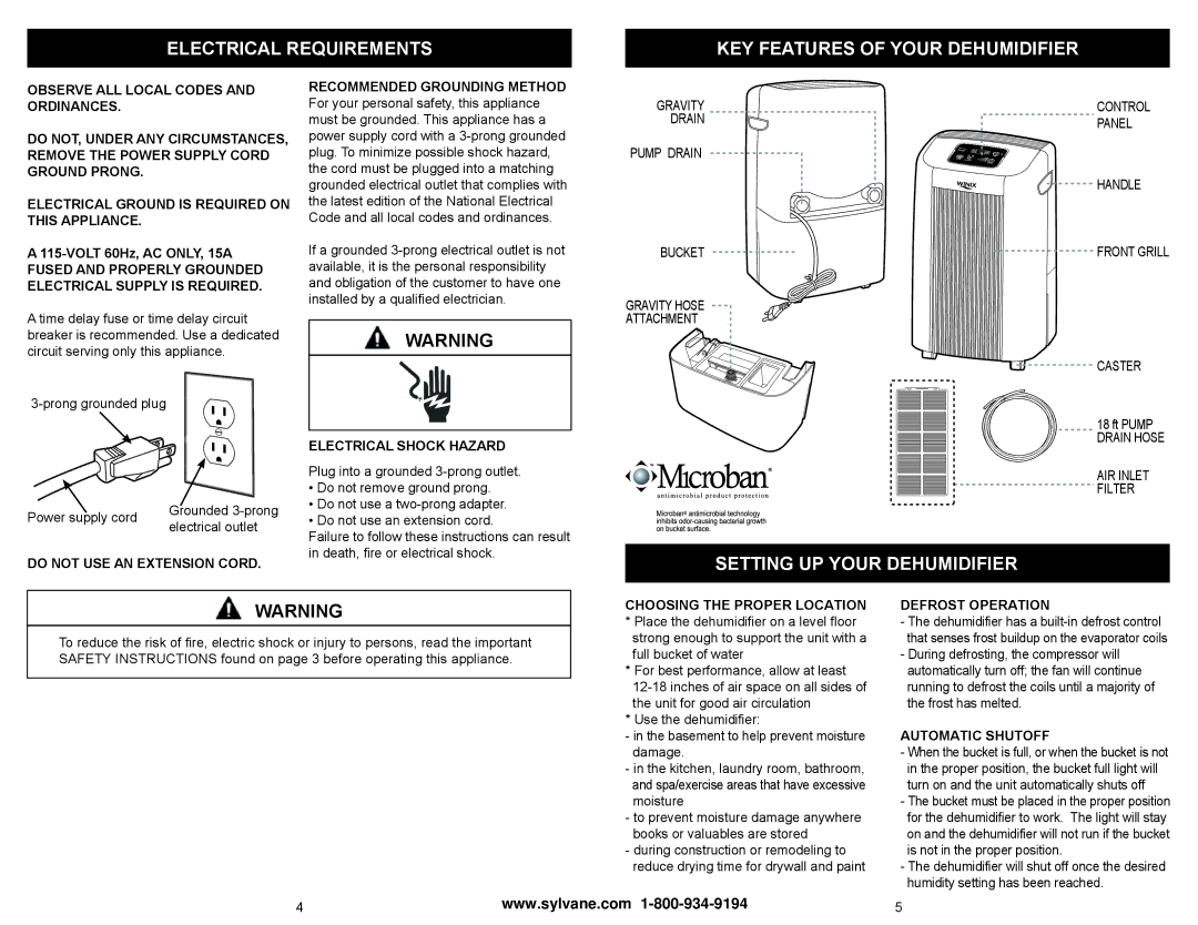 Winix WDH 871, WDH 851 owner manual Electrical Requirements KEY Features of Your Dehumidifier, Setting UP Your Dehumidifier 