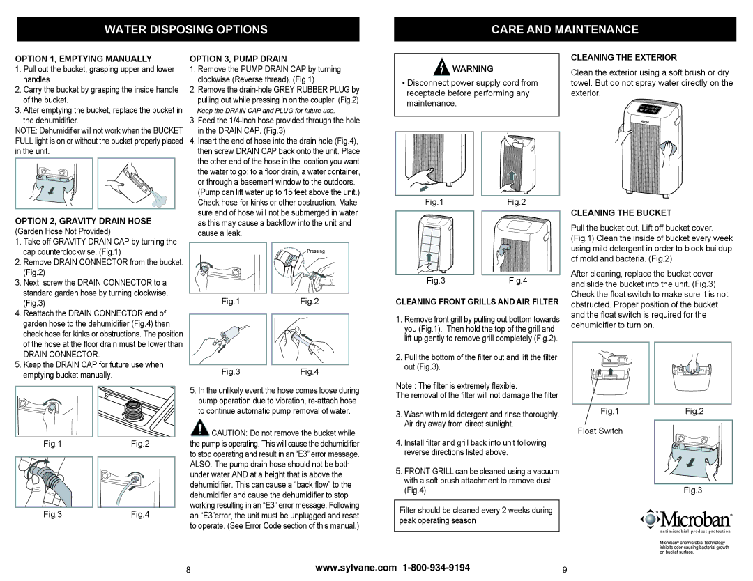 Winix WDH 871, WDH 851 owner manual Water Disposing Options Care and Maintenance 