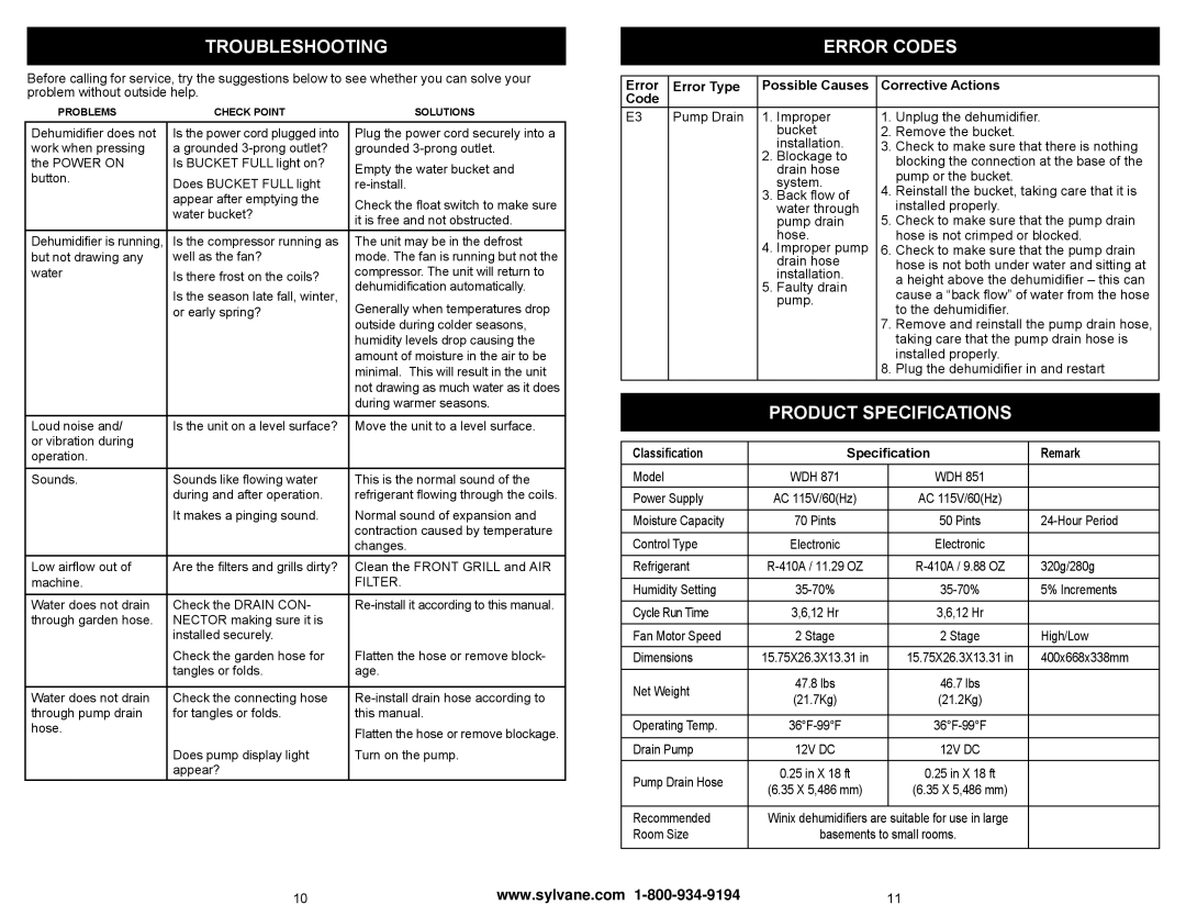 Winix WDH 851, WDH 871 Troubleshooting, Error Codes, Product Specifications, Error Type Possible Causes Corrective Actions 