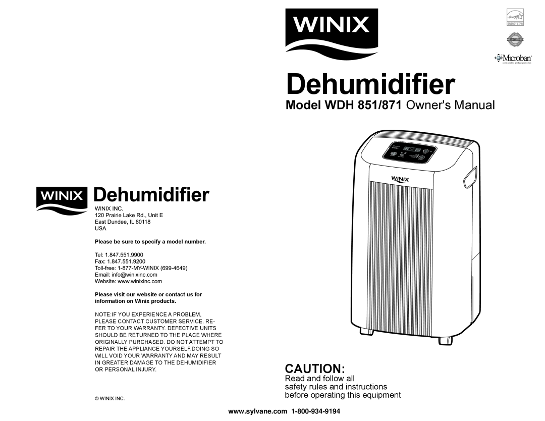 Winix WDH 871, WDH 851 owner manual Dehumidiﬁer, Read and follow all 