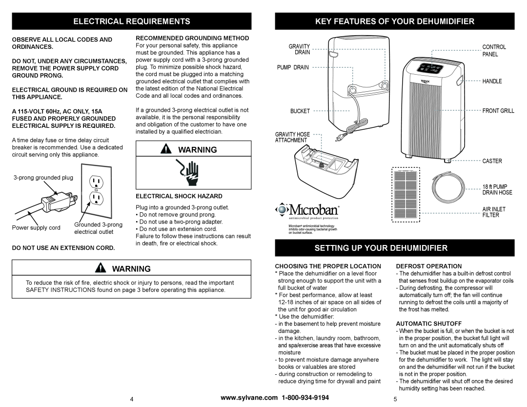 Winix WDH 871, WDH 851 owner manual Electrical Requirements, Key Features Of Your Dehumidifier, Setting Up Your Dehumidifier 