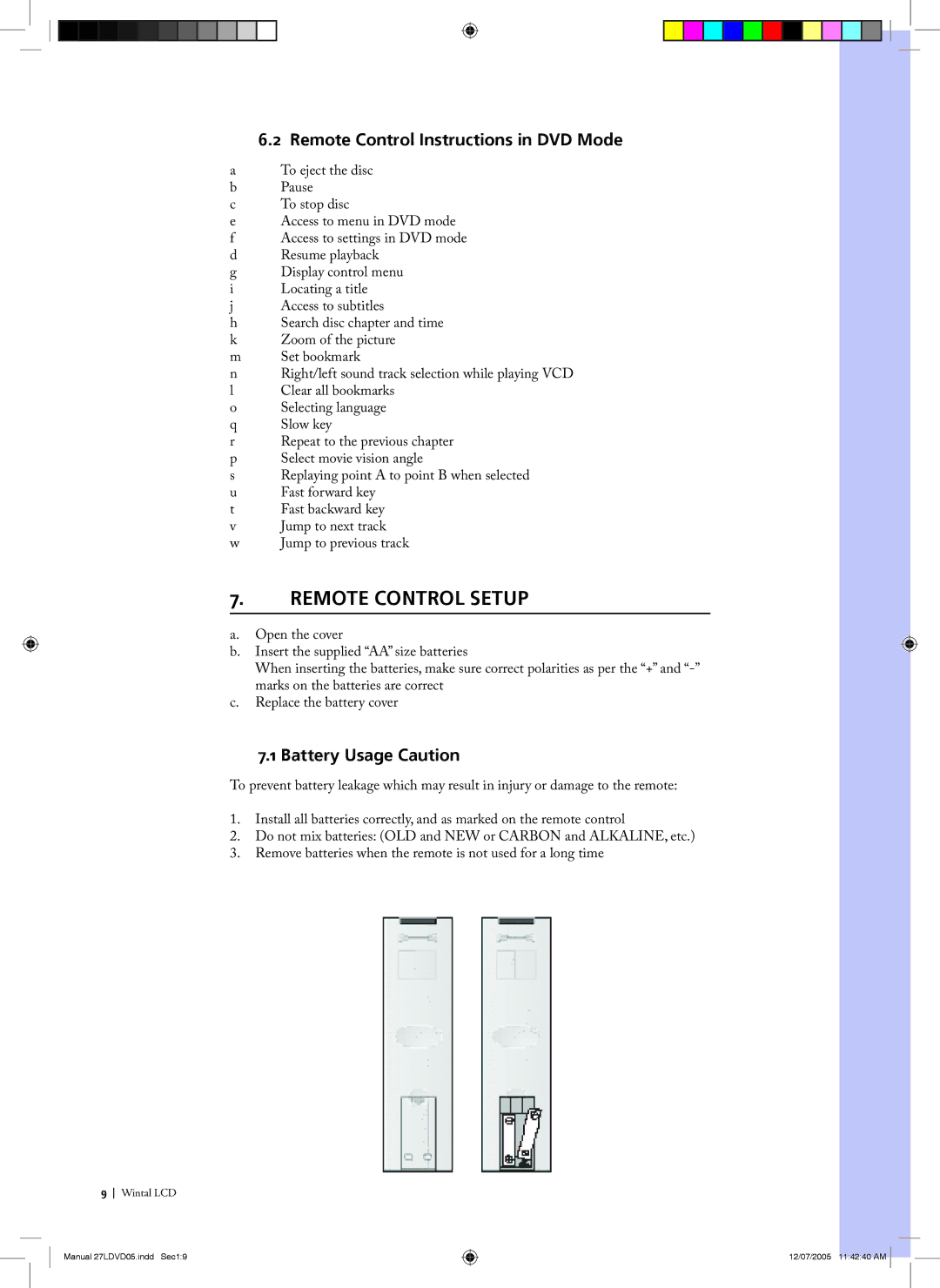 Wintal 27LDV05 manual Remote Control Setup, Remote Control Instructions in DVD Mode, Battery Usage Caution 