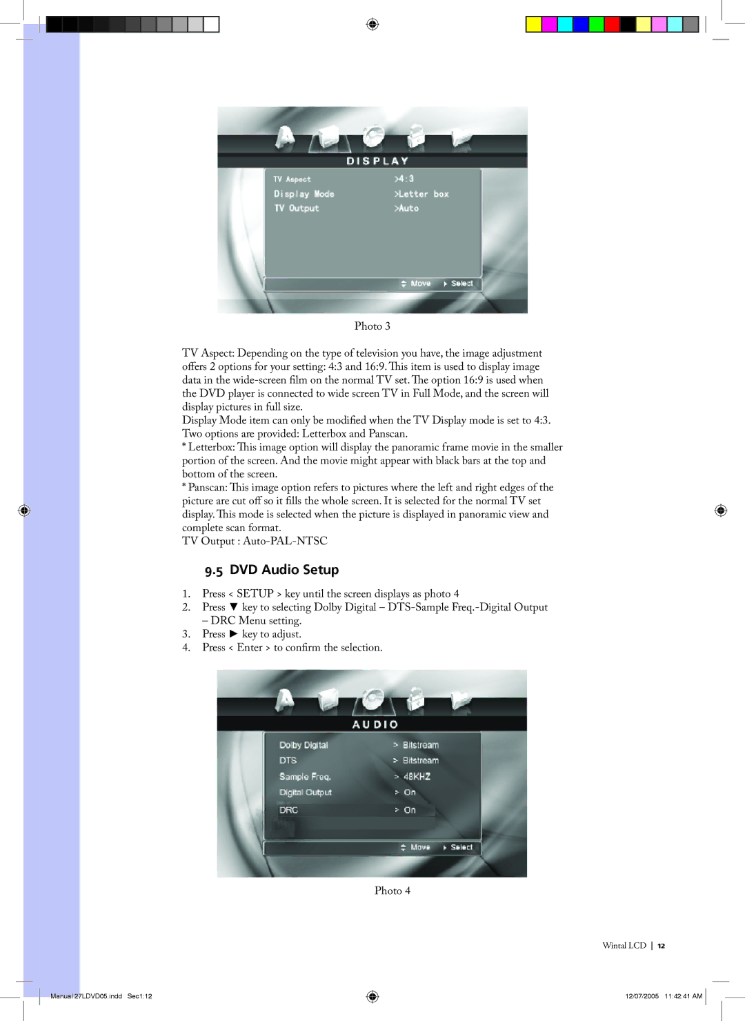 Wintal 27LDV05 manual DVD Audio Setup 