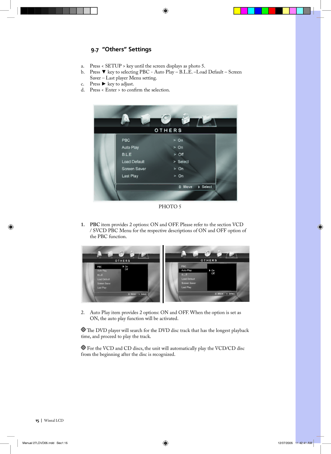 Wintal 27LDV05 manual Others Settings, Photo 