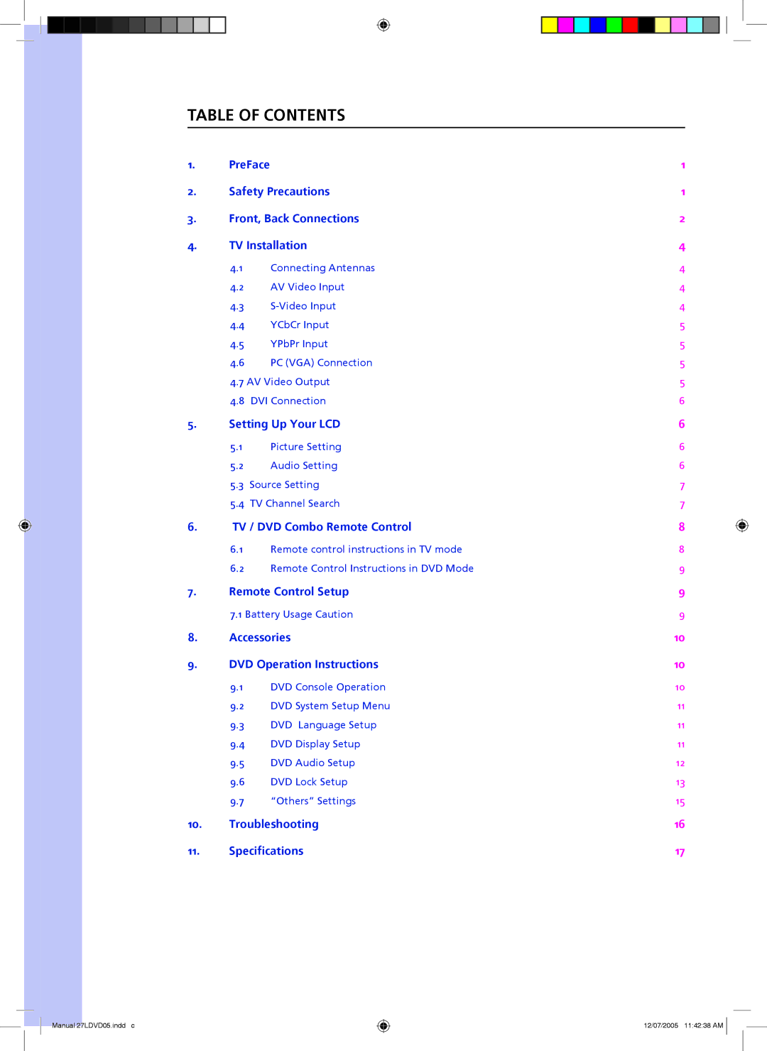 Wintal 27LDV05 manual Table of Contents 