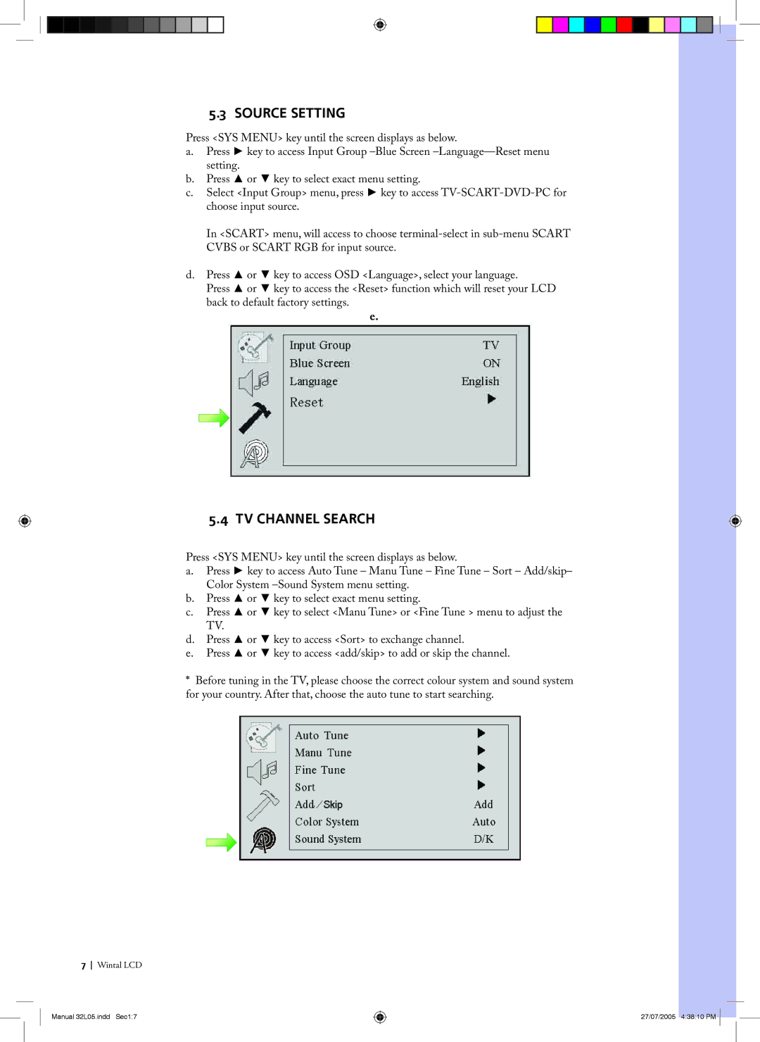 Wintal 32L05 manual Source Setting 