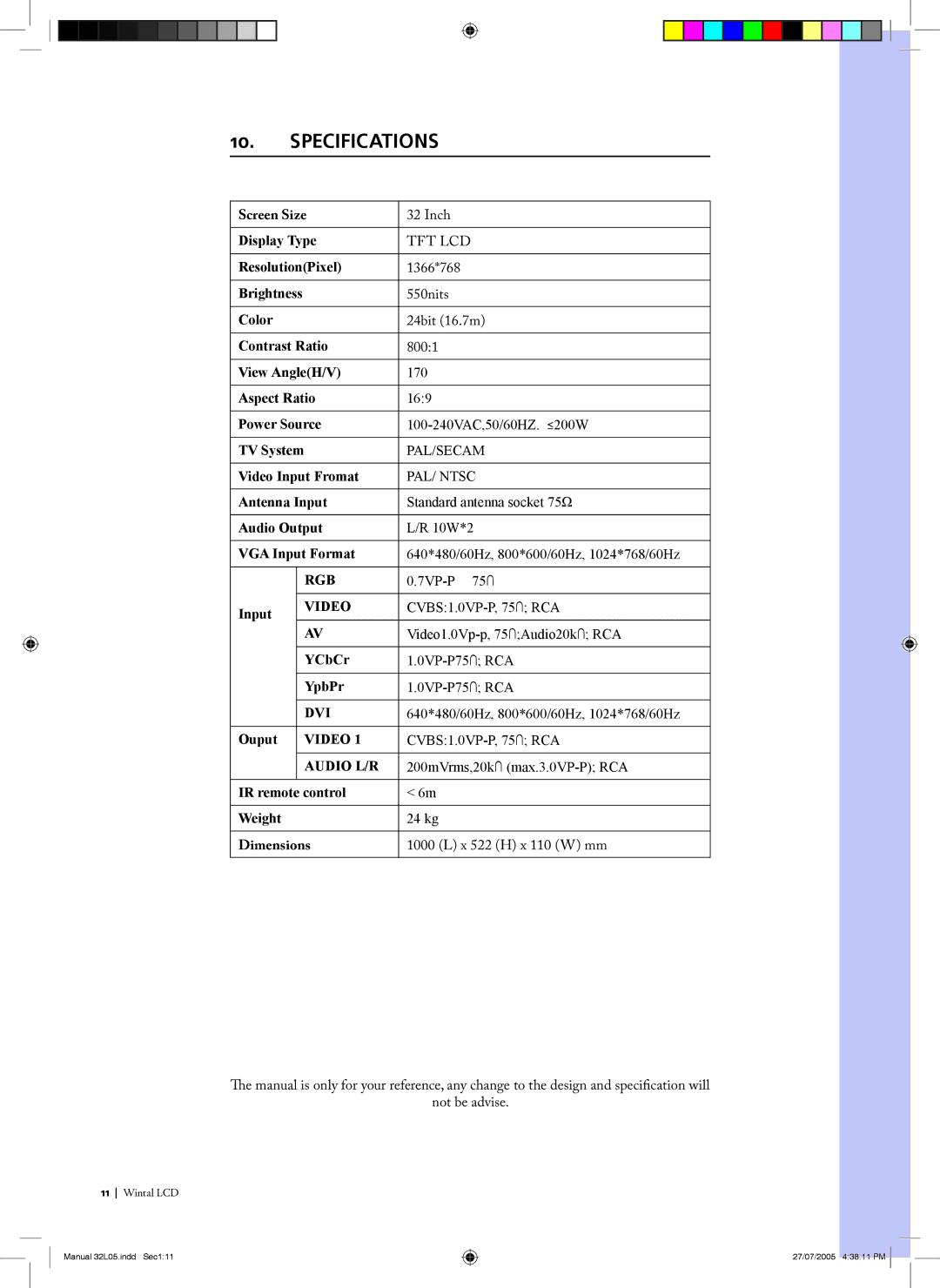 Wintal 32L05 manual Specifications, Screen Size 